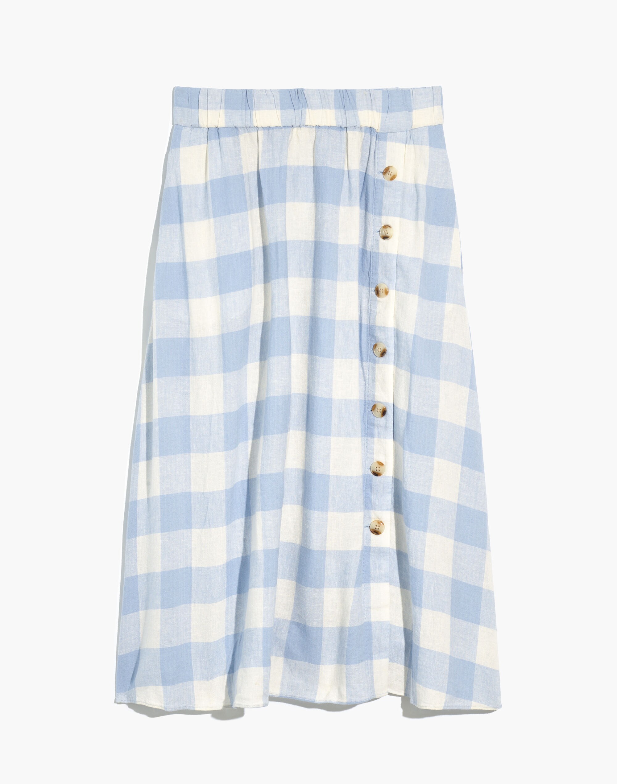 Plus Linen-Blend Side-Button Midi Skirt in Gingham Check