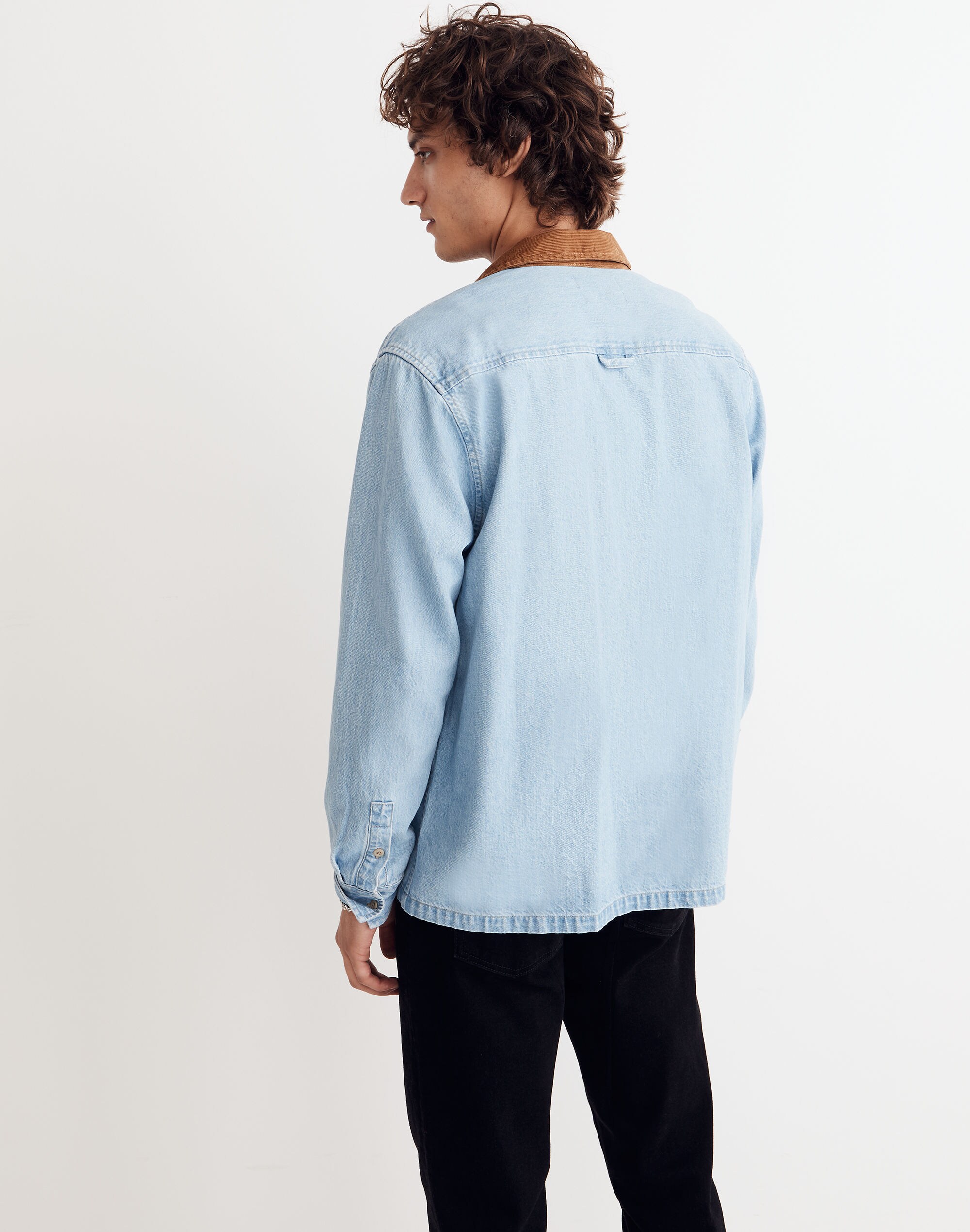 Corduroy-Collar Denim Easy Long-Sleeve Shirt