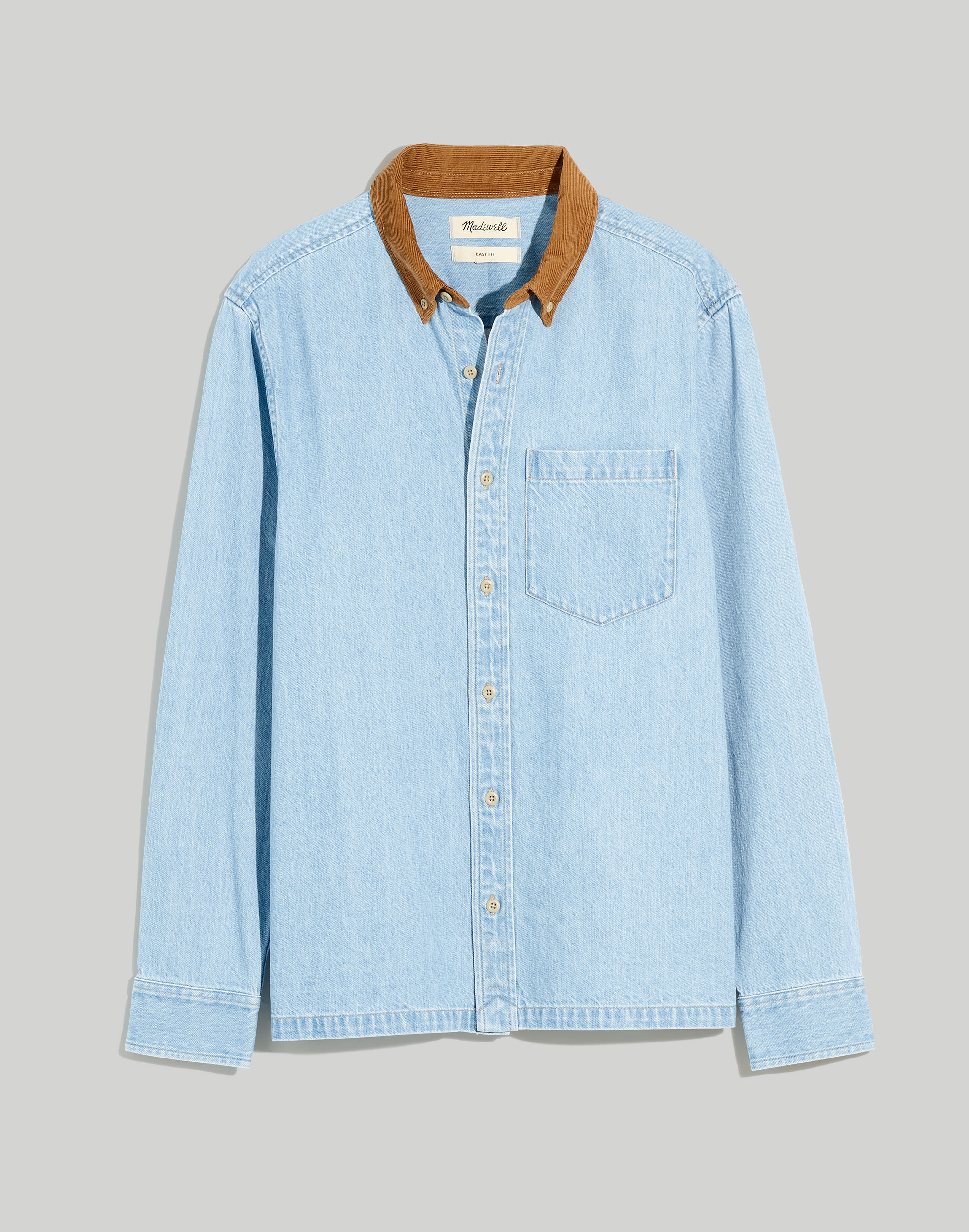 Corduroy-Collar Denim Easy Long-Sleeve Shirt