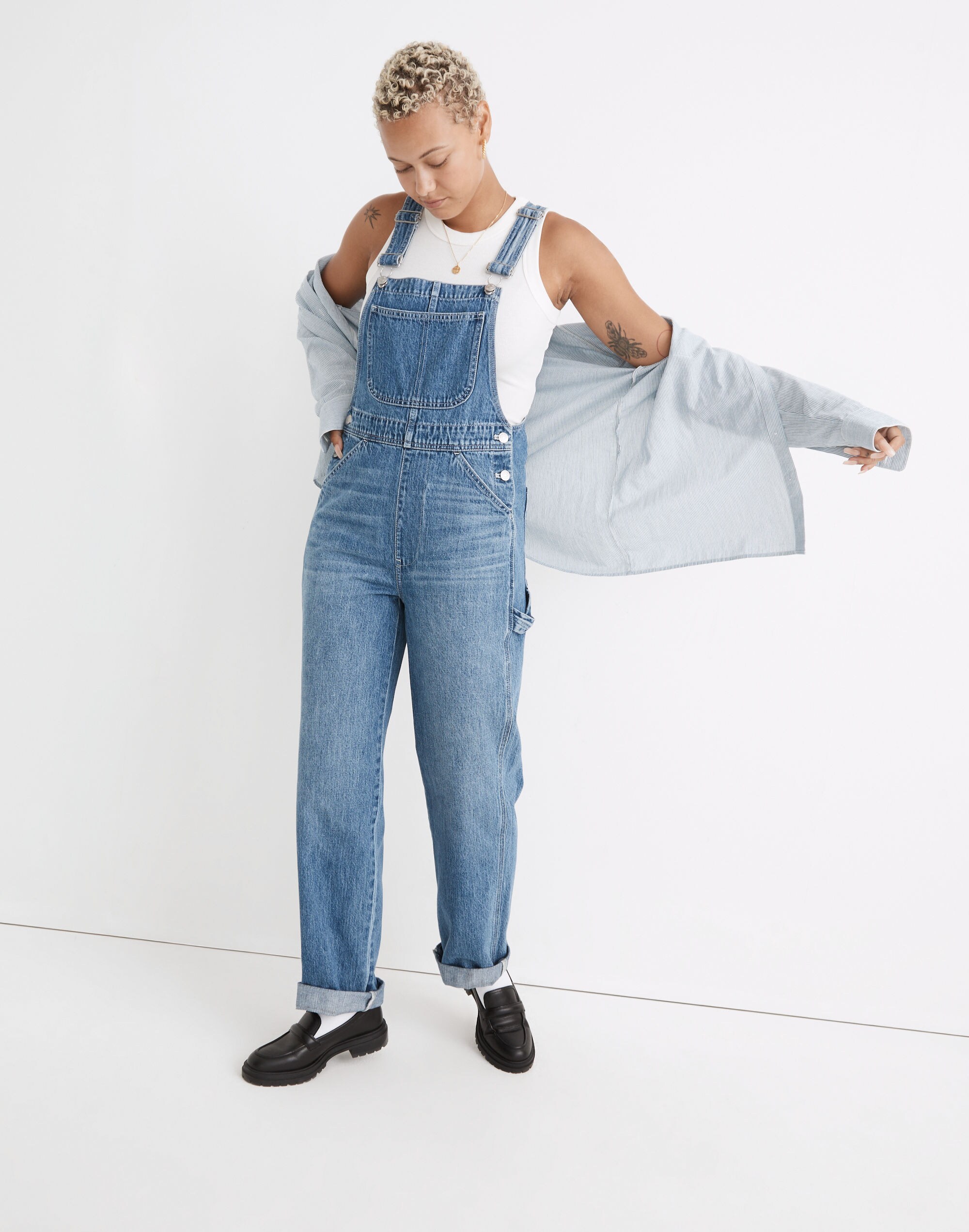 Petite Oversized Carpenter Overalls in Ivywood Wash