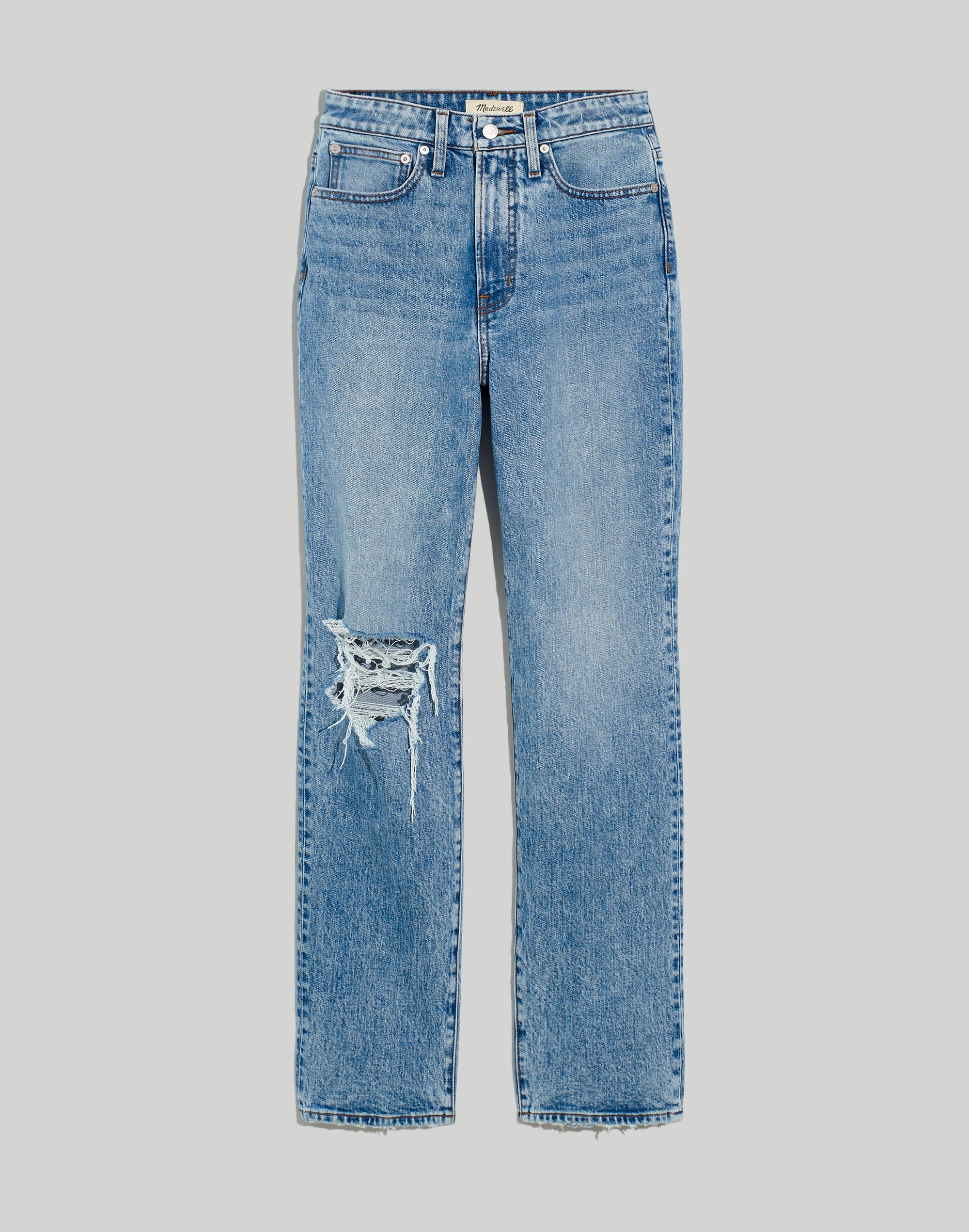 The Curvy Perfect Vintage Straight Jean in Kingsbury Wash: Ripped Knee Edition