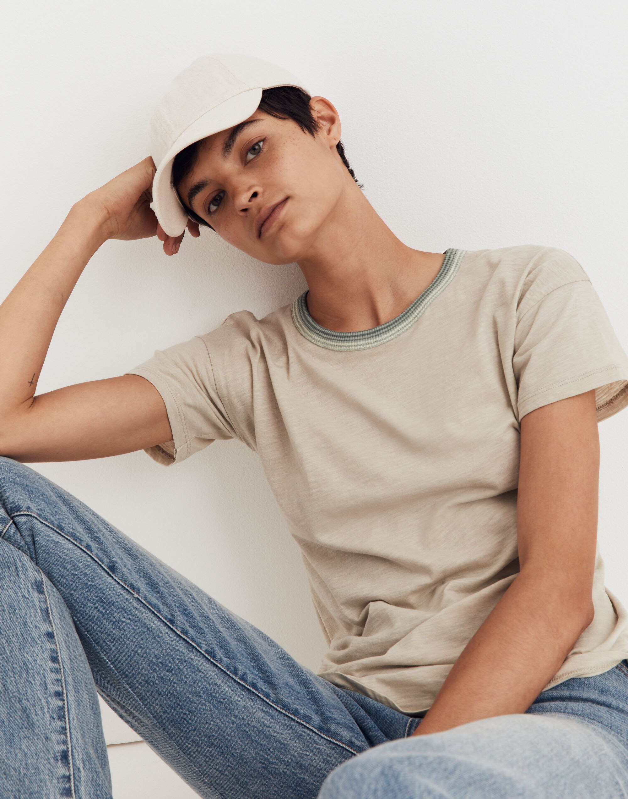 Whisper Cotton Rib-Crewneck Ringer Tee in Wallie Stripe