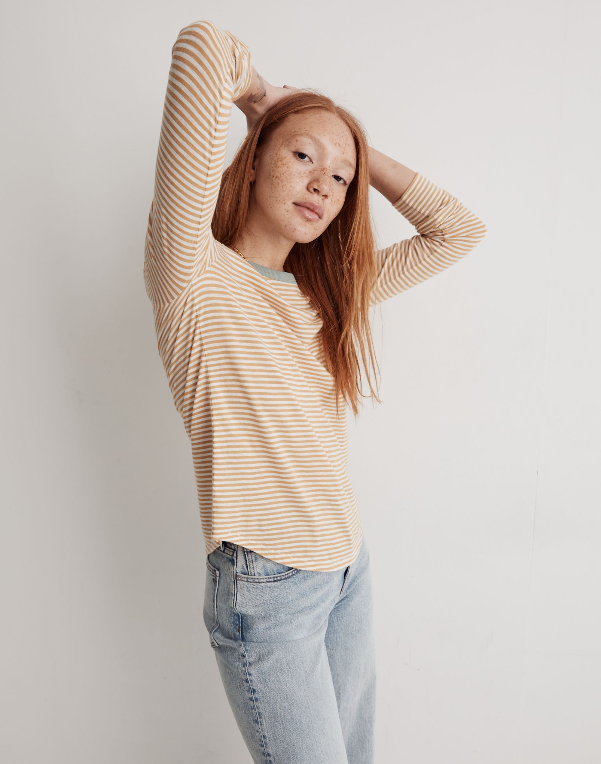 Whisper Cotton Rib-Crewneck Long-Sleeve Ringer Tee in Keene Stripe