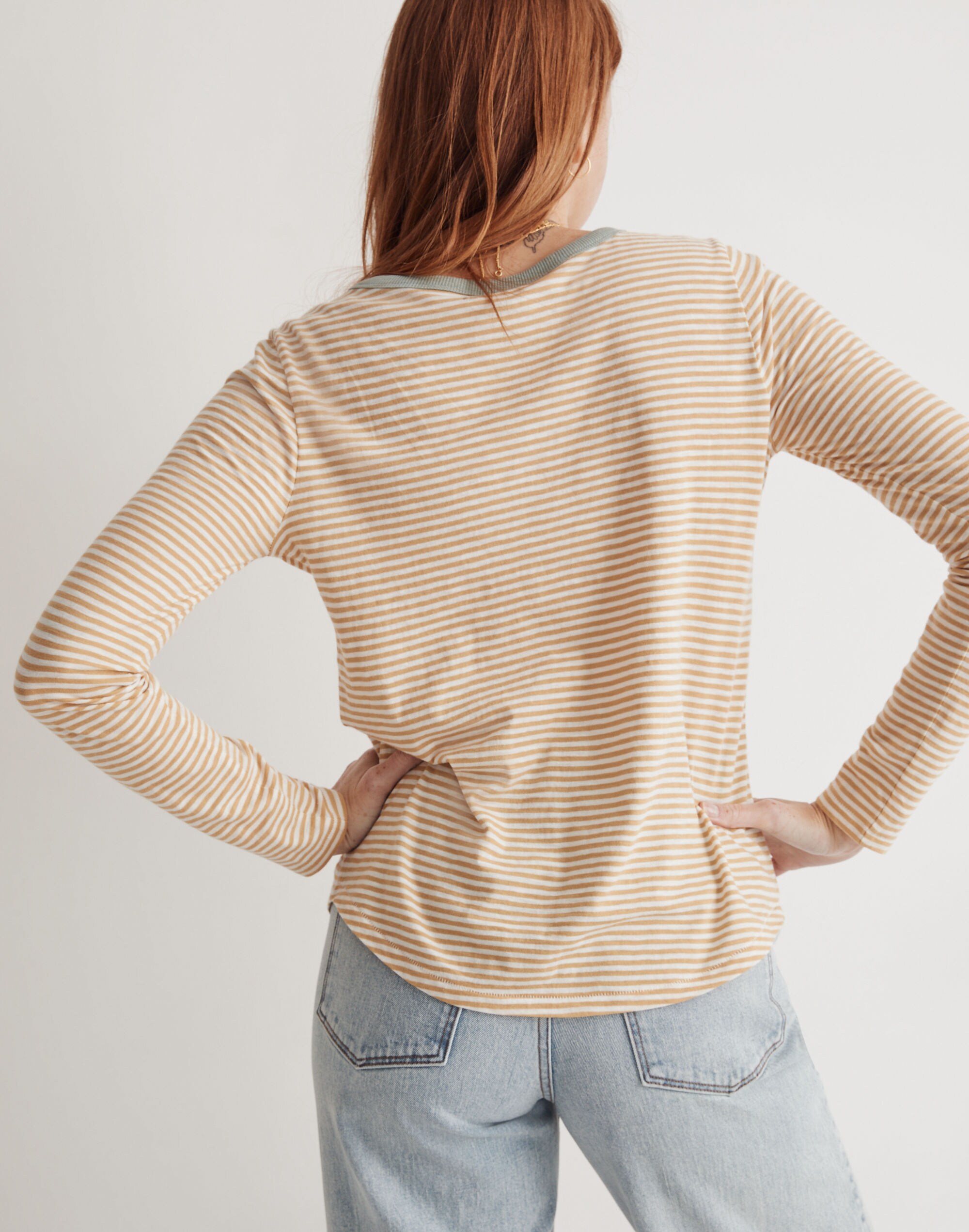 Whisper Cotton Rib-Crewneck Long-Sleeve Ringer Tee in Keene Stripe