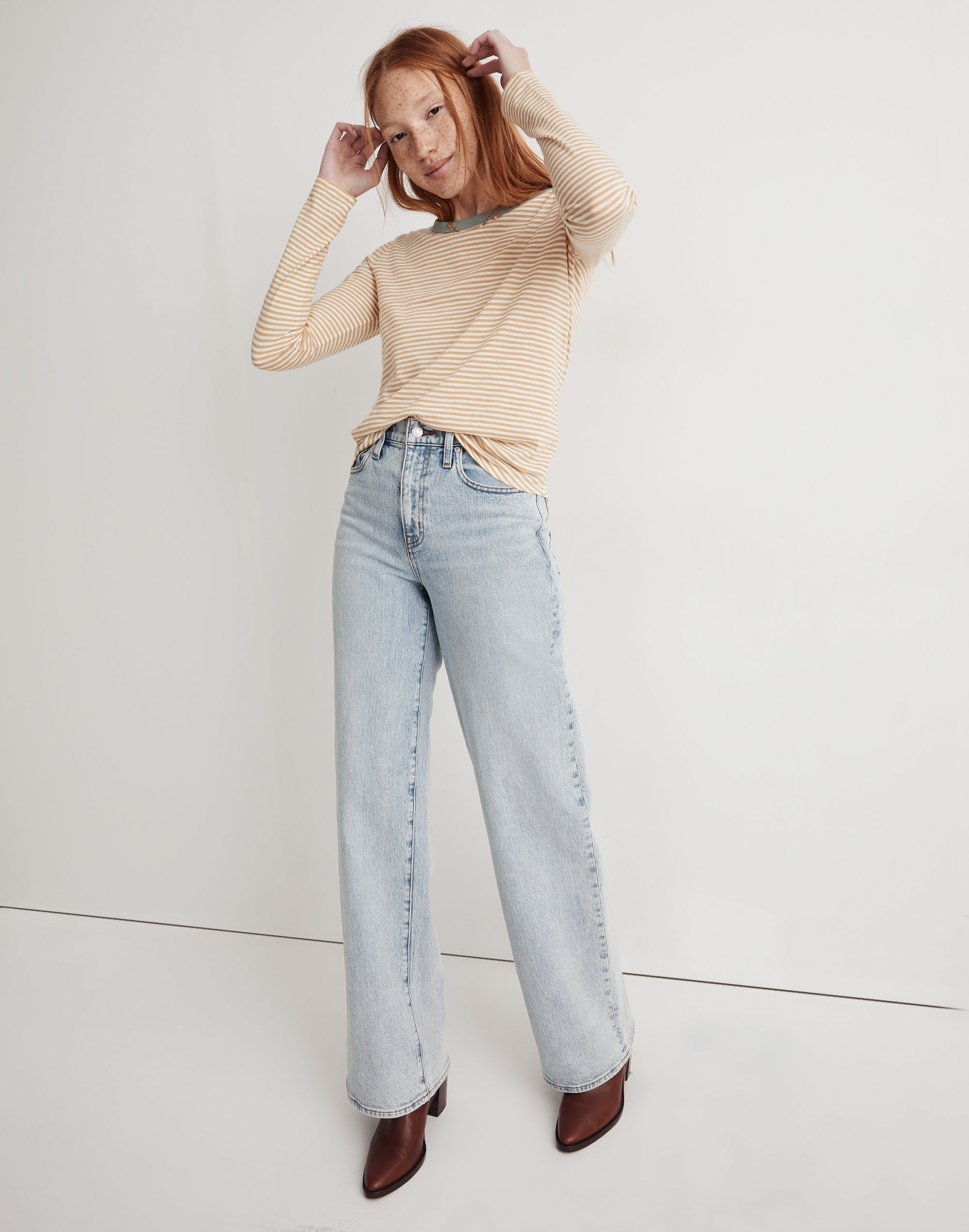 Whisper Cotton Rib-Crewneck Long-Sleeve Ringer Tee in Keene Stripe