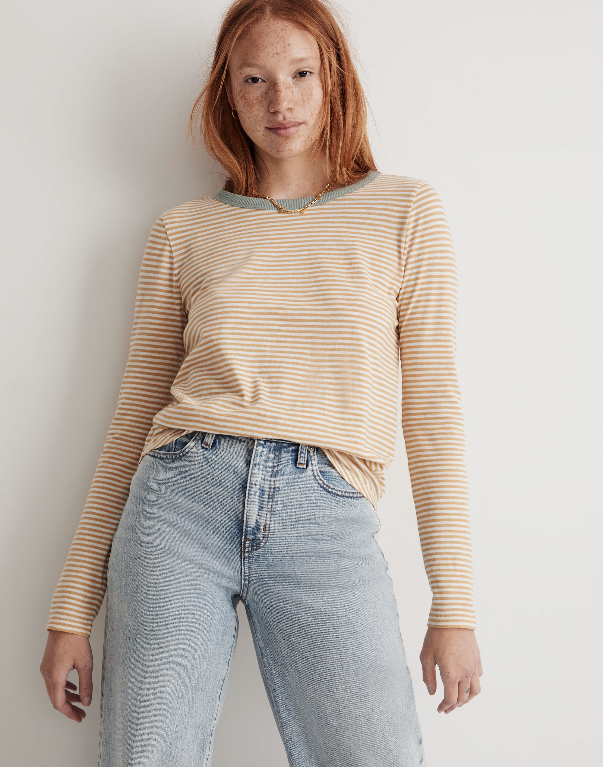 Whisper Cotton Rib-Crewneck Long-Sleeve Ringer Tee in Keene Stripe