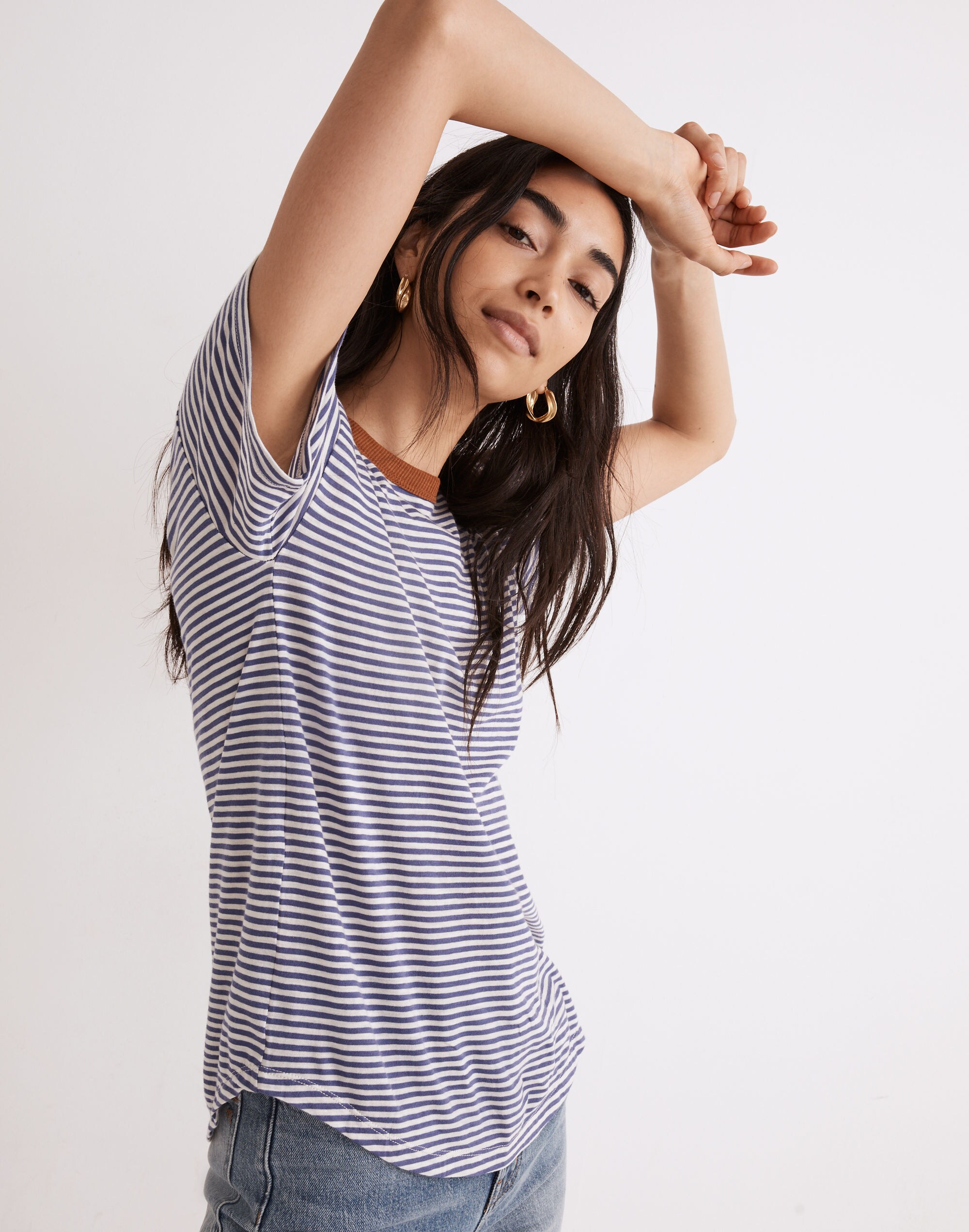 Whisper Cotton Rib-Crewneck Ringer Tee in Birtie Stripe