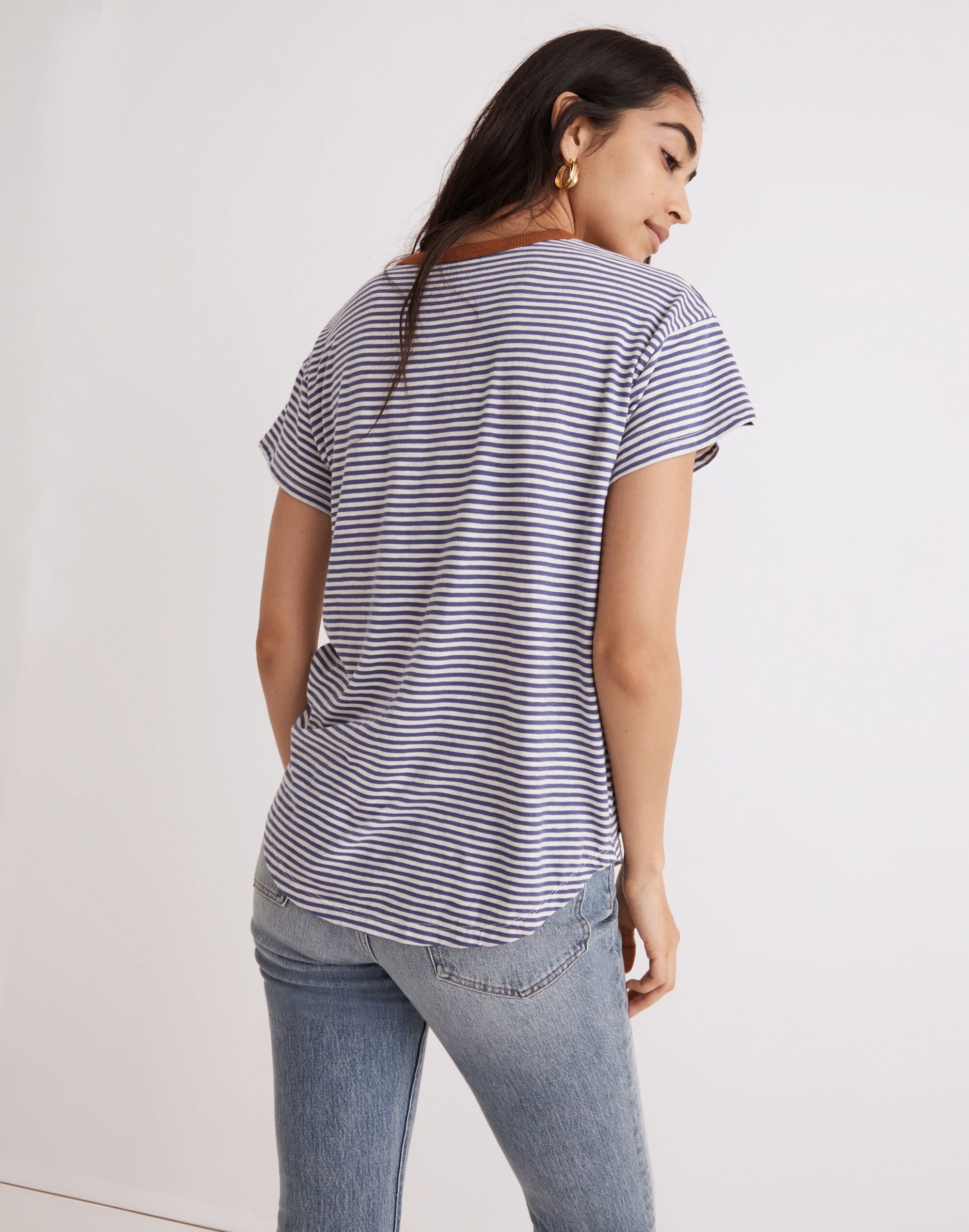 Whisper Cotton Rib-Crewneck Ringer Tee in Birtie Stripe