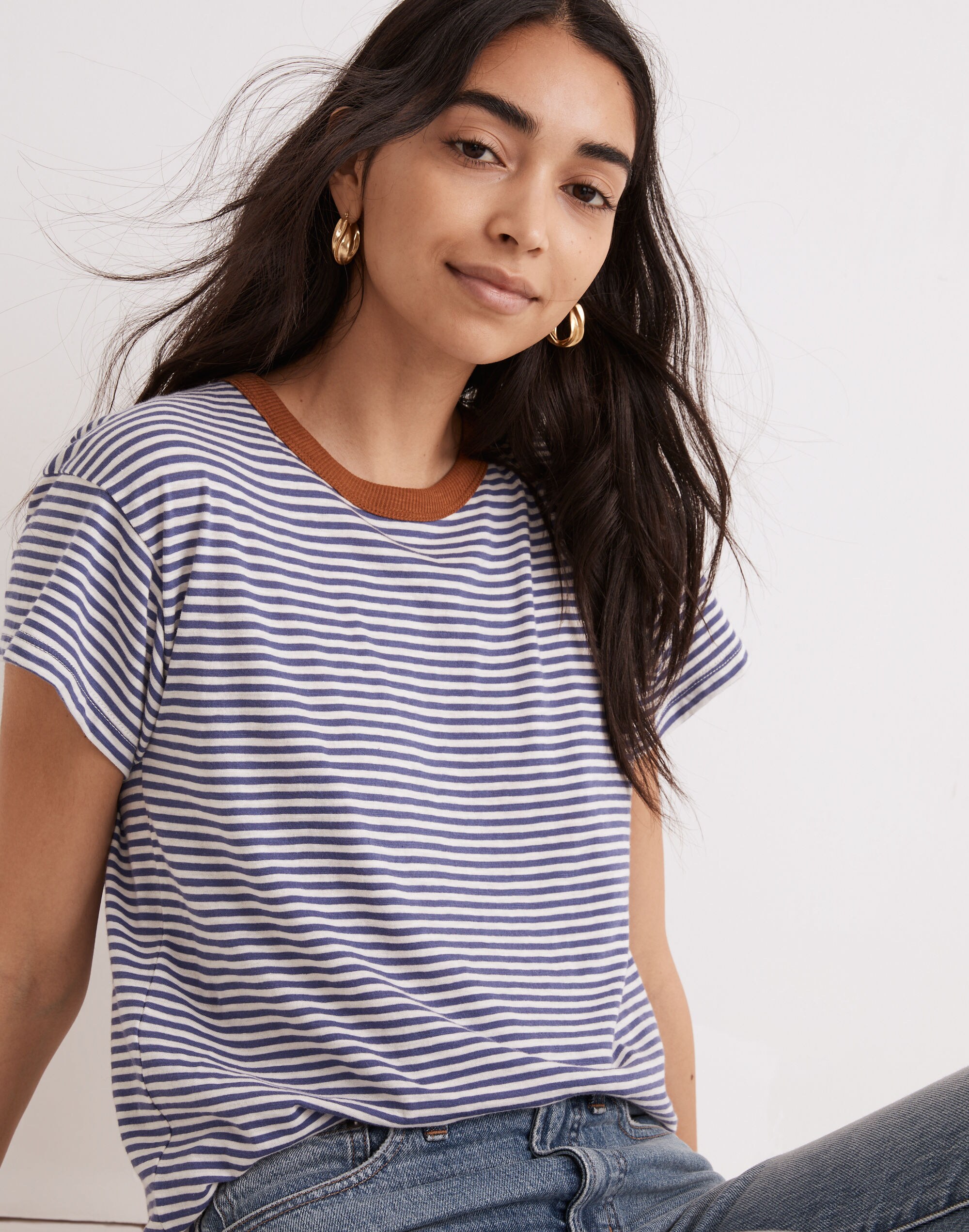 Whisper Cotton Rib-Crewneck Ringer Tee in Birtie Stripe