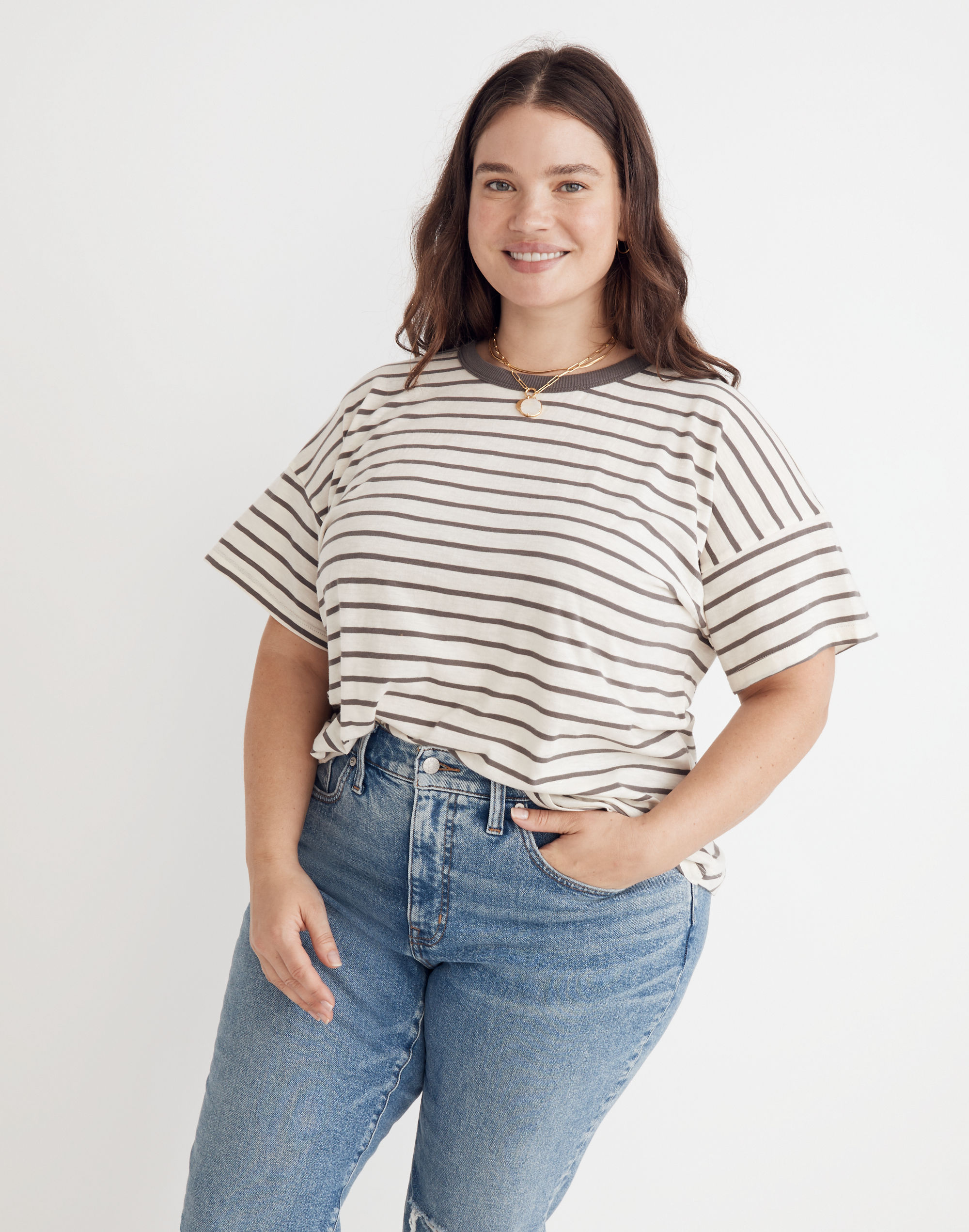 Plus Whisper Cotton Rib-Crewneck Tee in Malvera Stripe