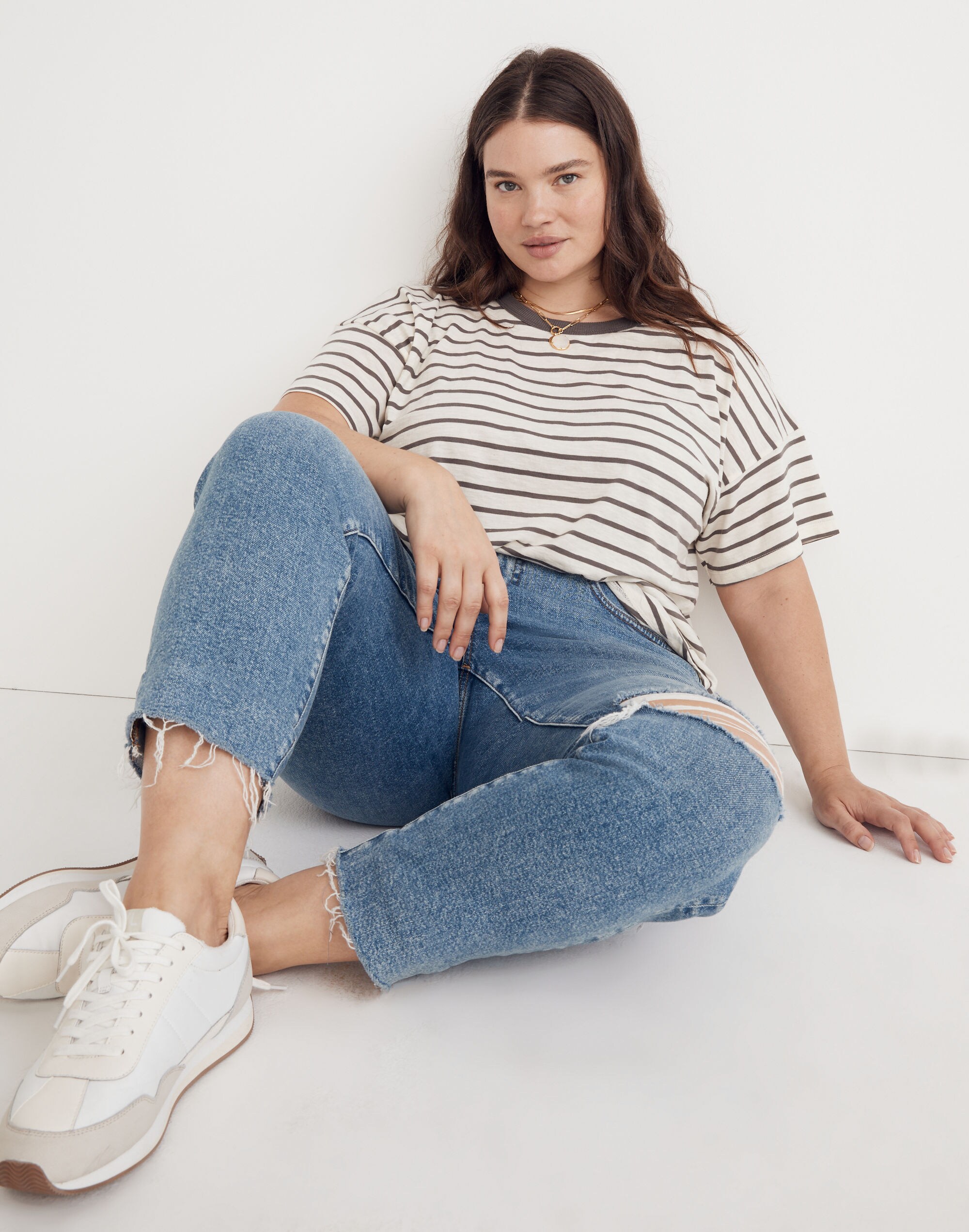 Plus Whisper Cotton Rib-Crewneck Tee in Malvera Stripe