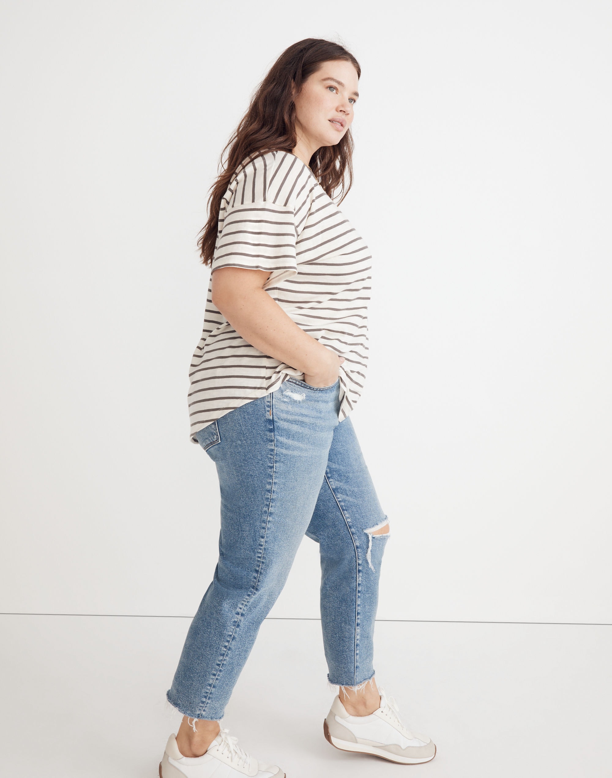 Plus Whisper Cotton Rib-Crewneck Tee in Malvera Stripe