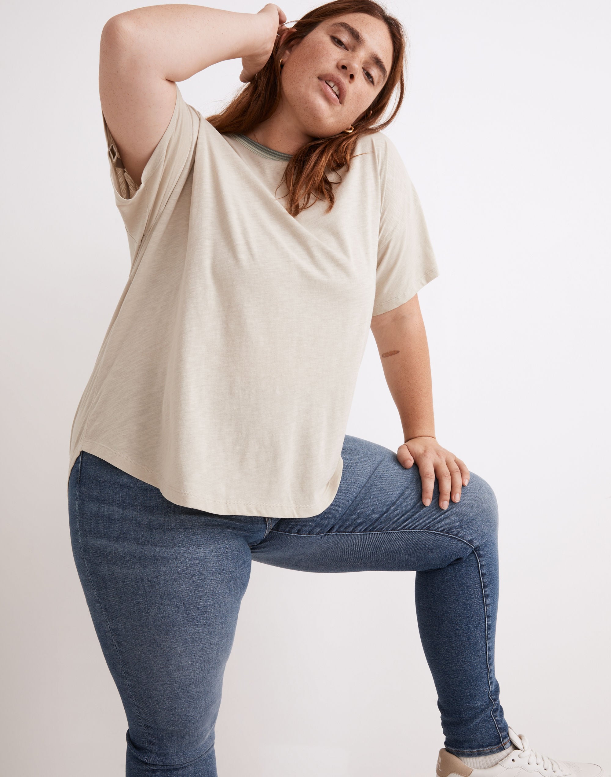 Plus Whisper Cotton Rib-Crewneck Ringer Tee in Wallie Stripe