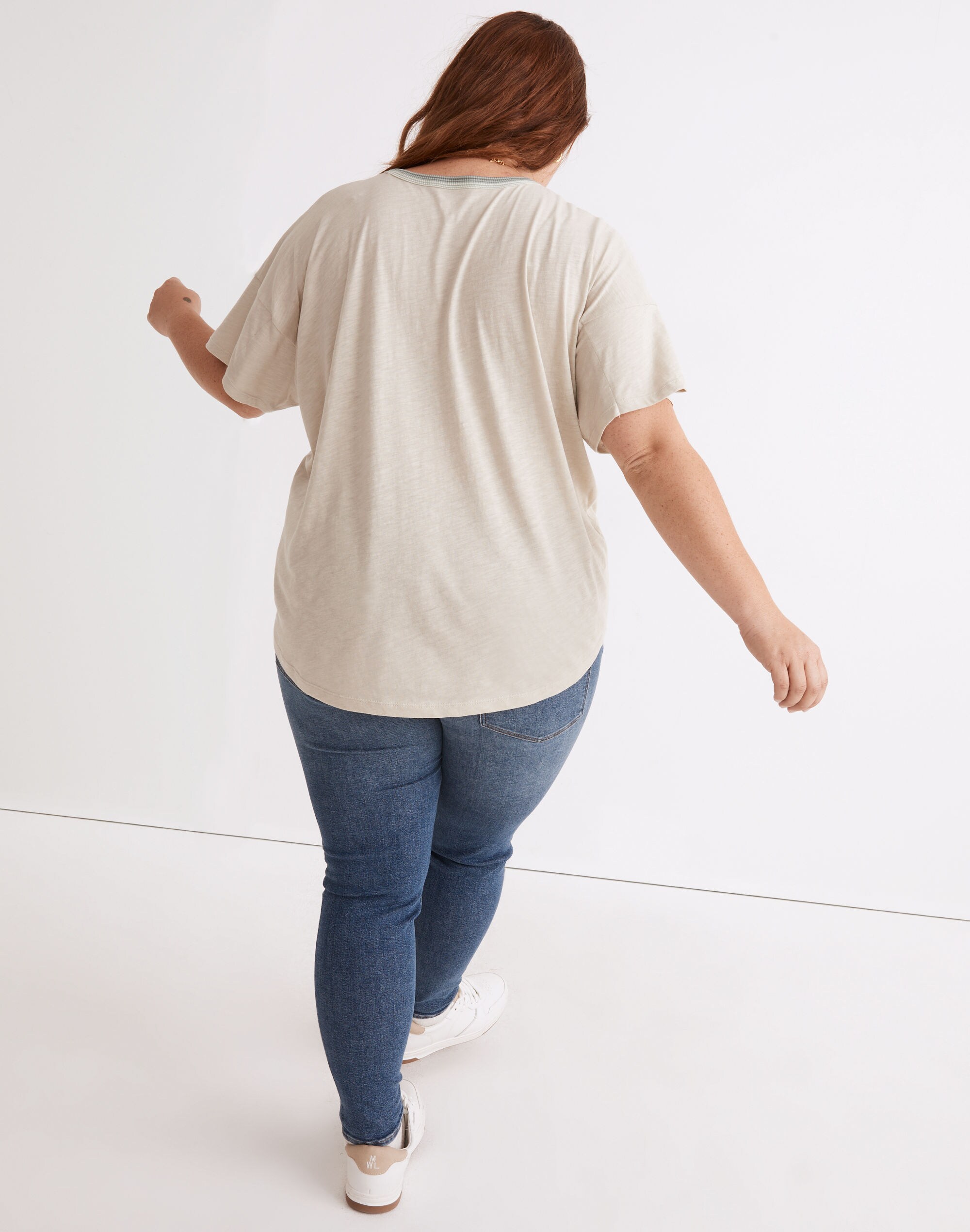 Plus Whisper Cotton Rib-Crewneck Ringer Tee in Wallie Stripe