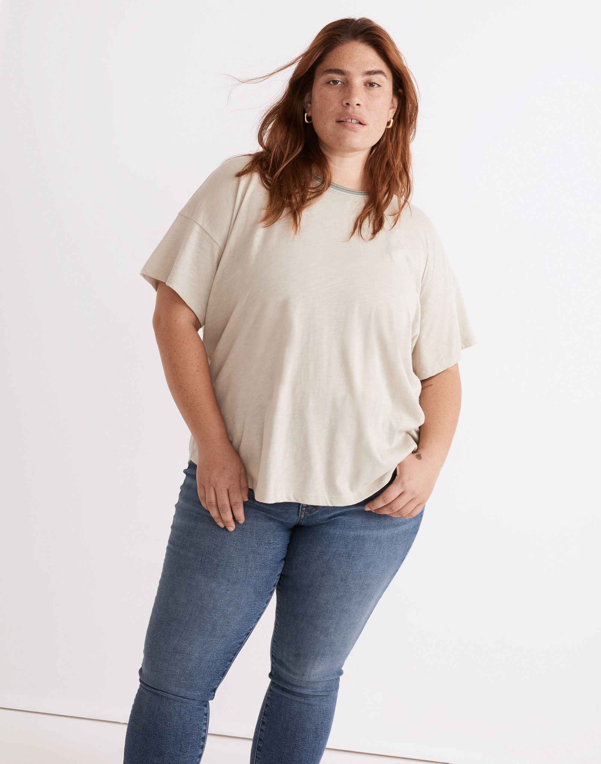 Plus Whisper Cotton Rib-Crewneck Ringer Tee in Wallie Stripe