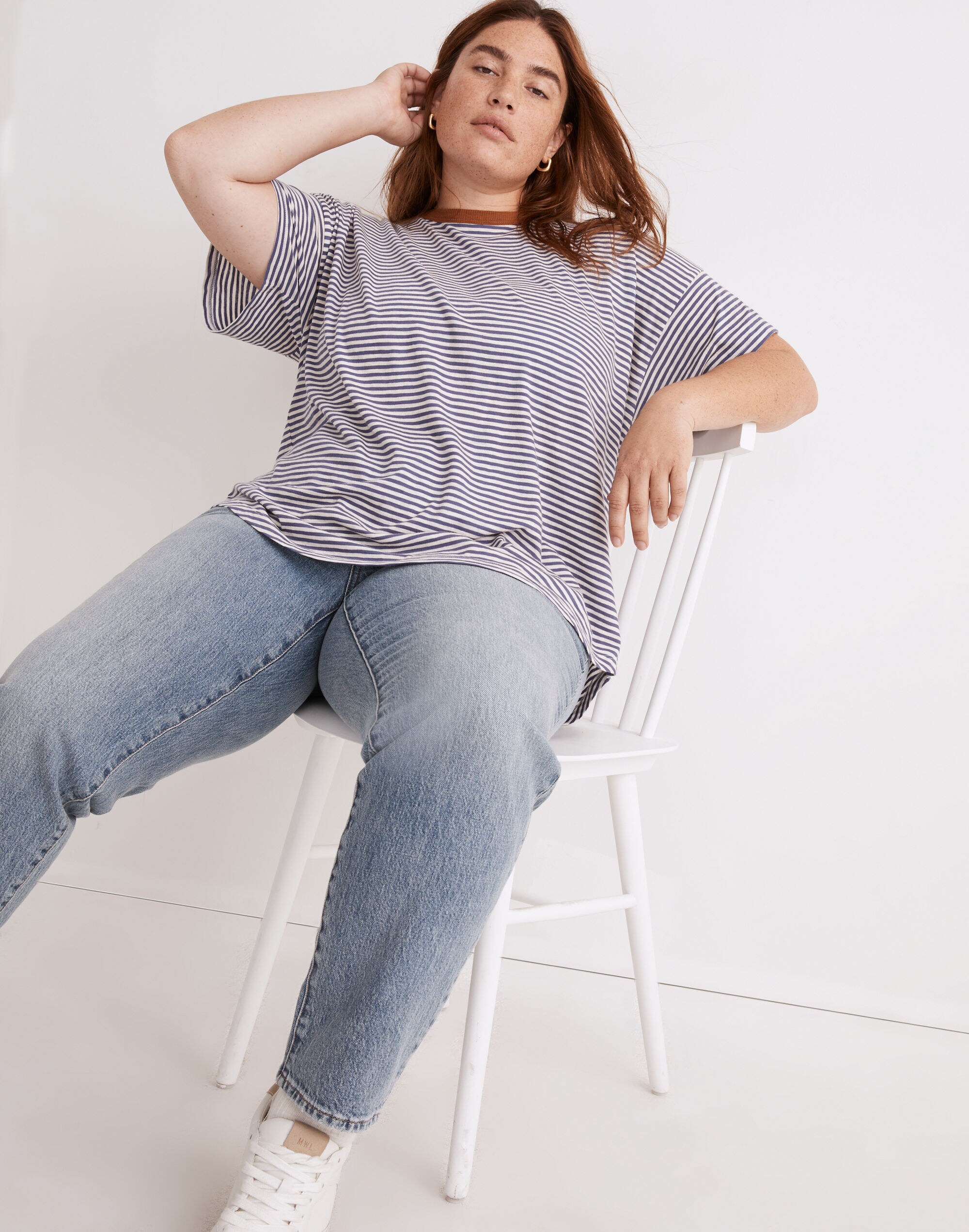 Plus Whisper Cotton Rib-Crewneck Ringer Tee in Birtie Stripe