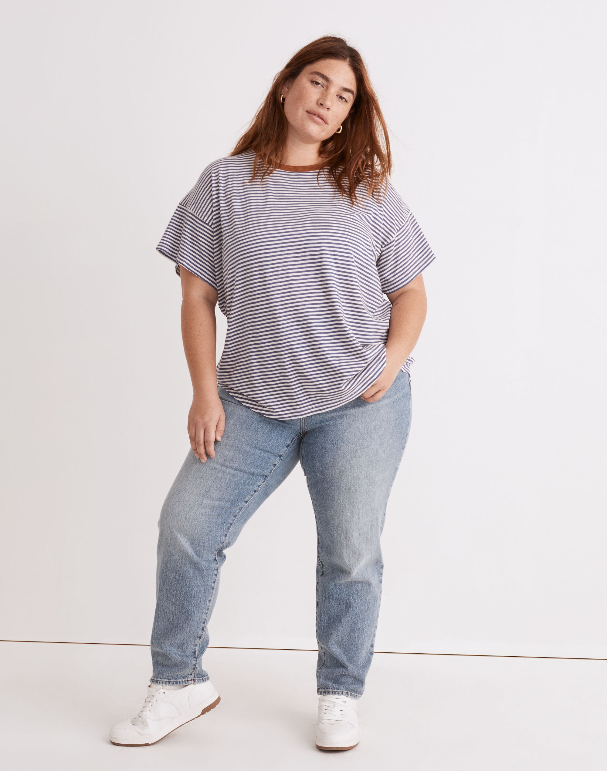 Plus Whisper Cotton Rib-Crewneck Ringer Tee in Birtie Stripe