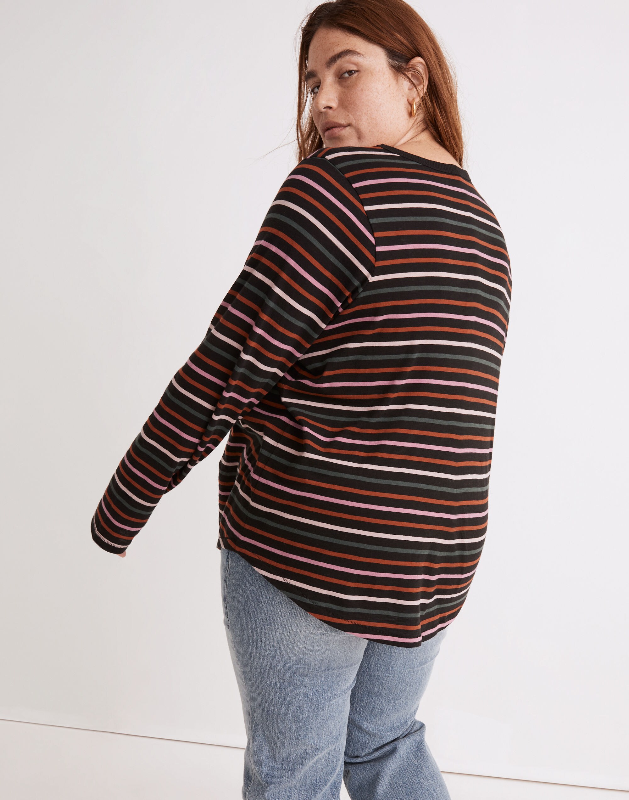 Plus Whisper Cotton Rib-Crewneck Long-Sleeve Tee in Ryley Stripe
