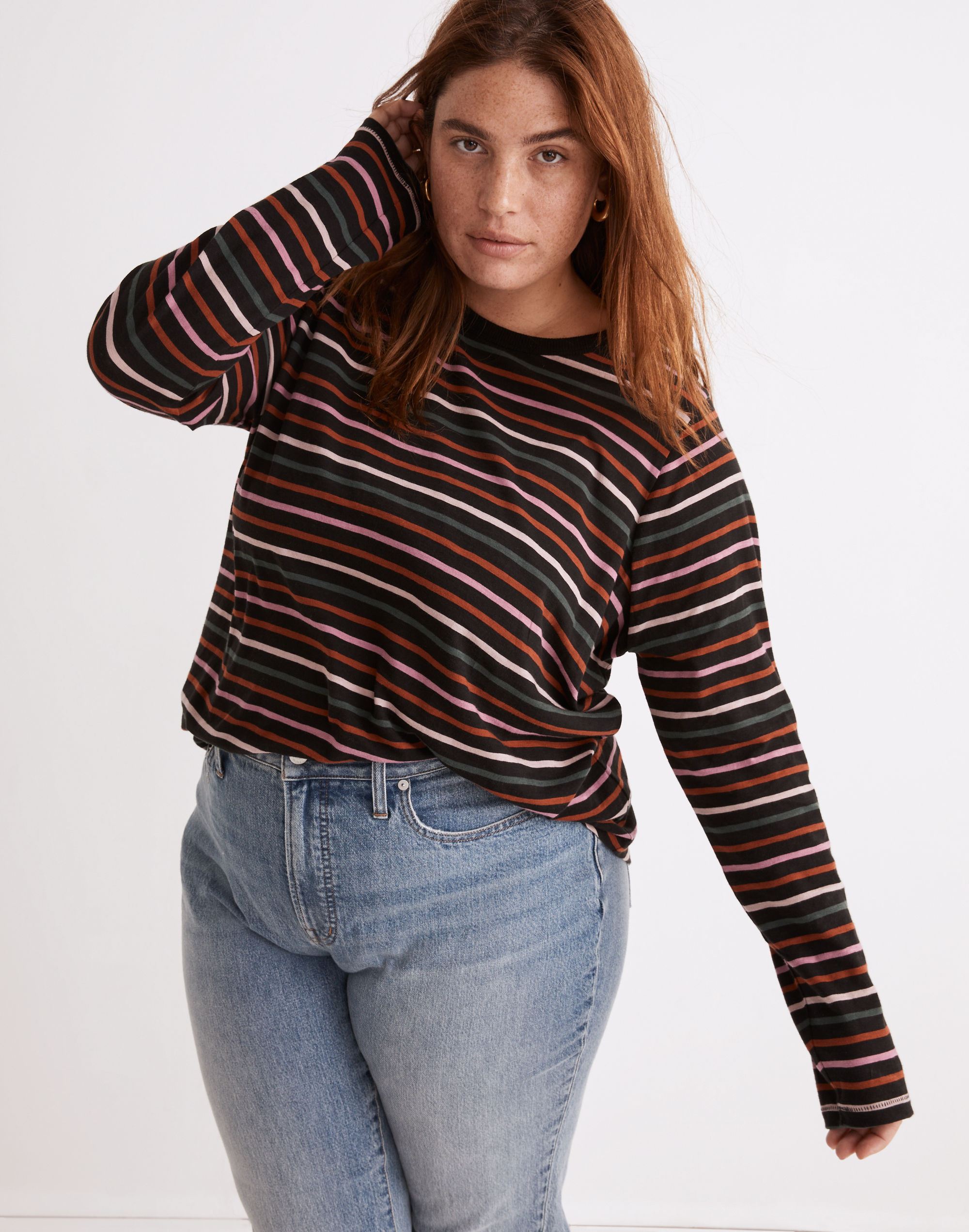 Plus Whisper Cotton Rib-Crewneck Long-Sleeve Tee in Ryley Stripe