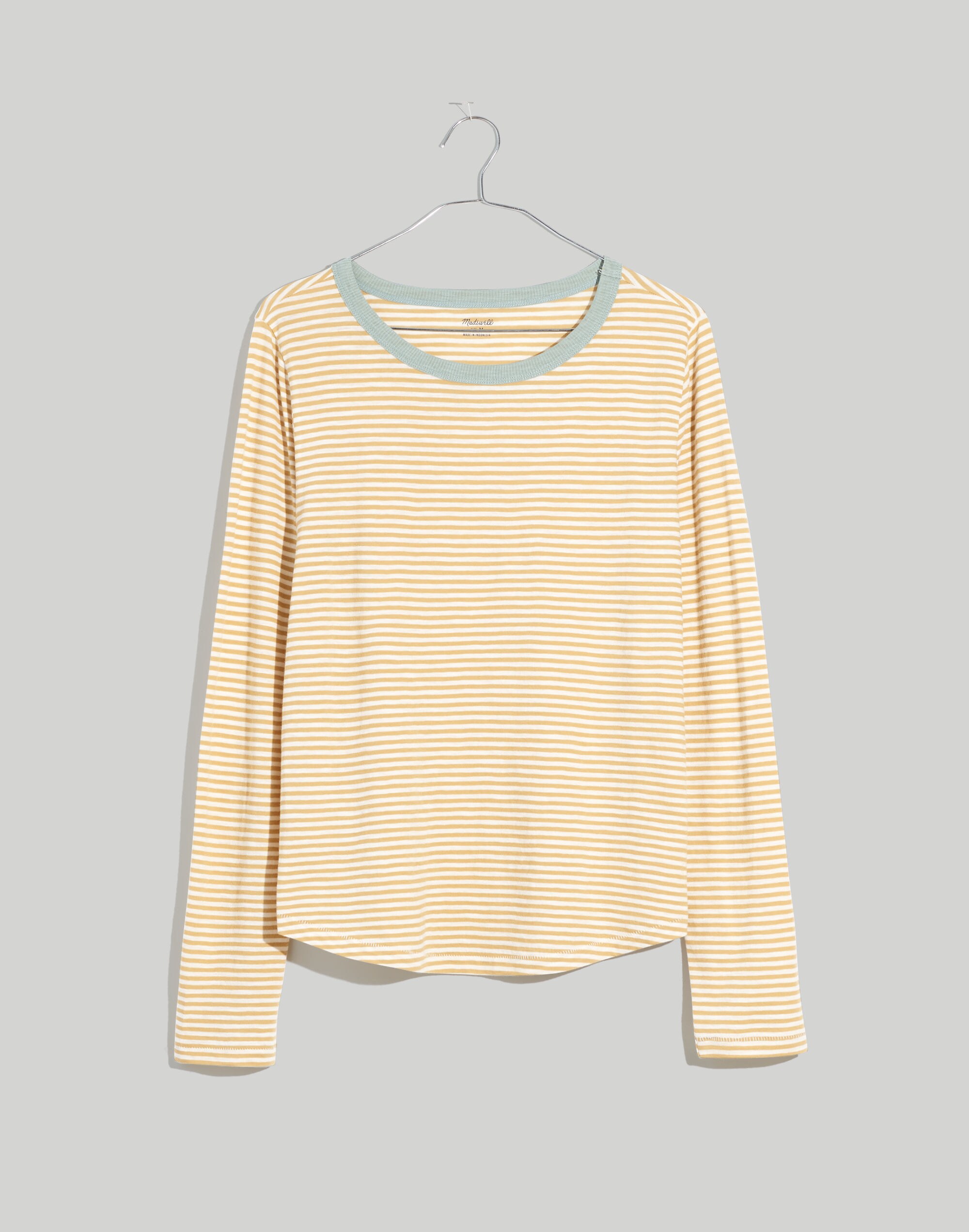 Plus Whisper Cotton Rib-Crewneck Long-Sleeve Ringer Tee in Keene Stripe