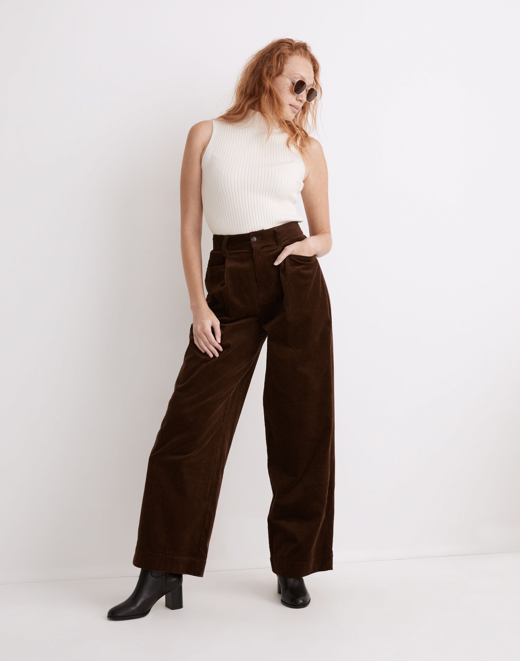 Corduroy Pleated Wide-Leg Pants
