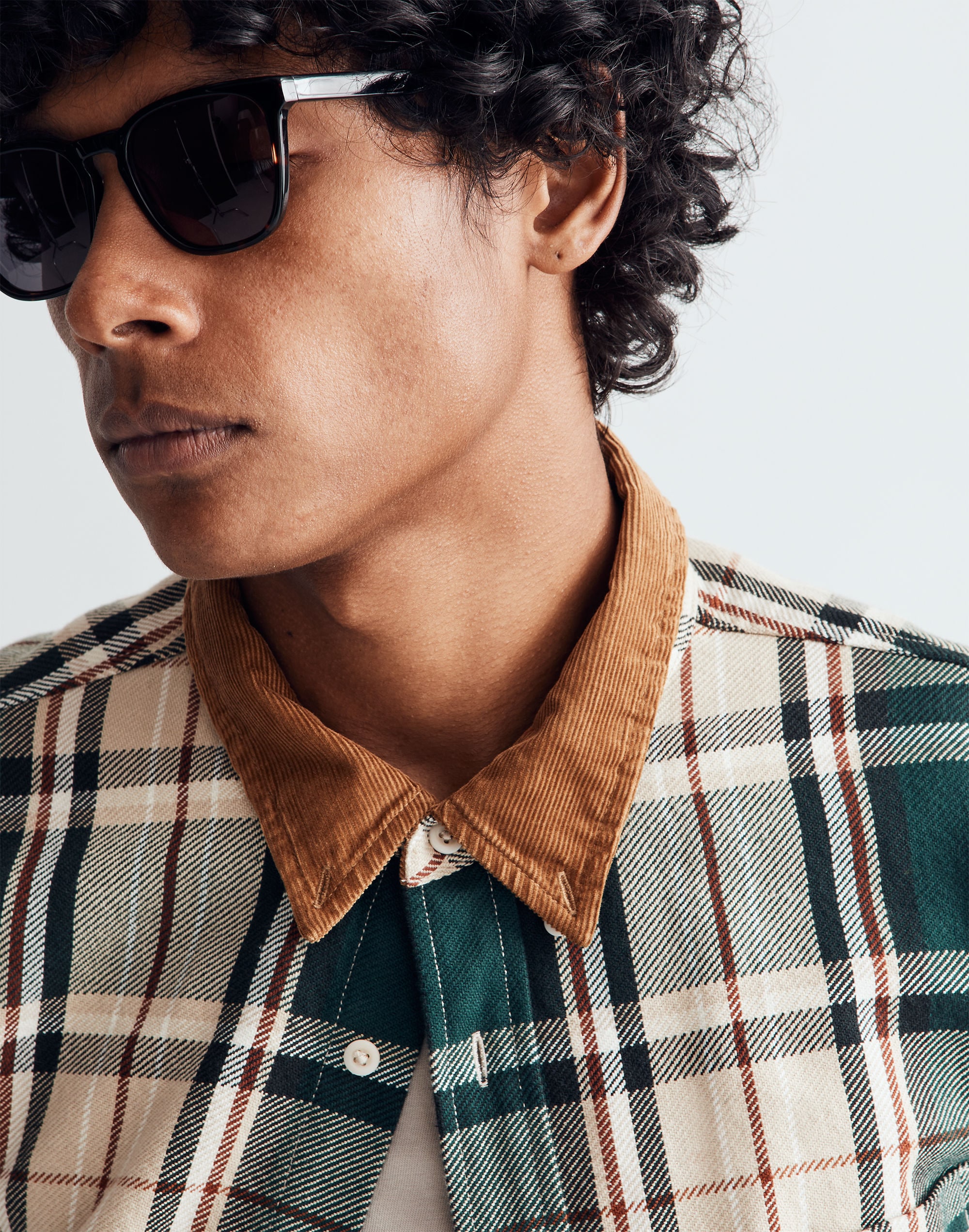 Corduroy-Collar Easy Long-Sleeve Shirt in Plaid