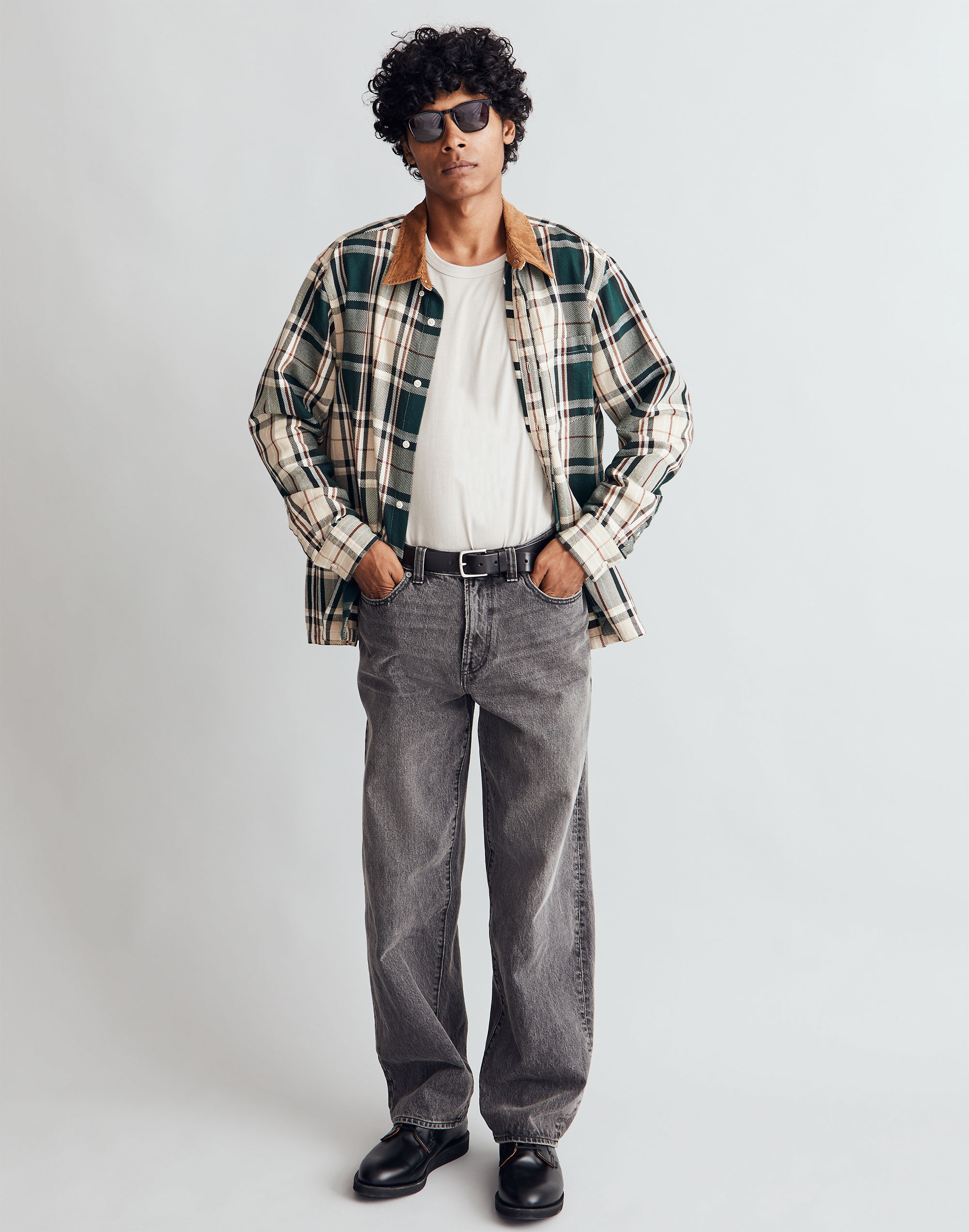 Corduroy-Collar Easy Long-Sleeve Shirt in Plaid