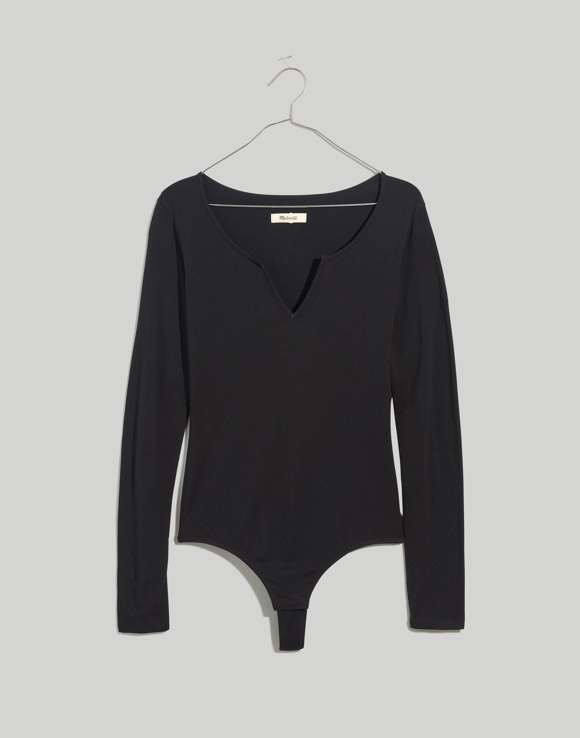 pointelle split-neck long-sleeve thong bodysuit
