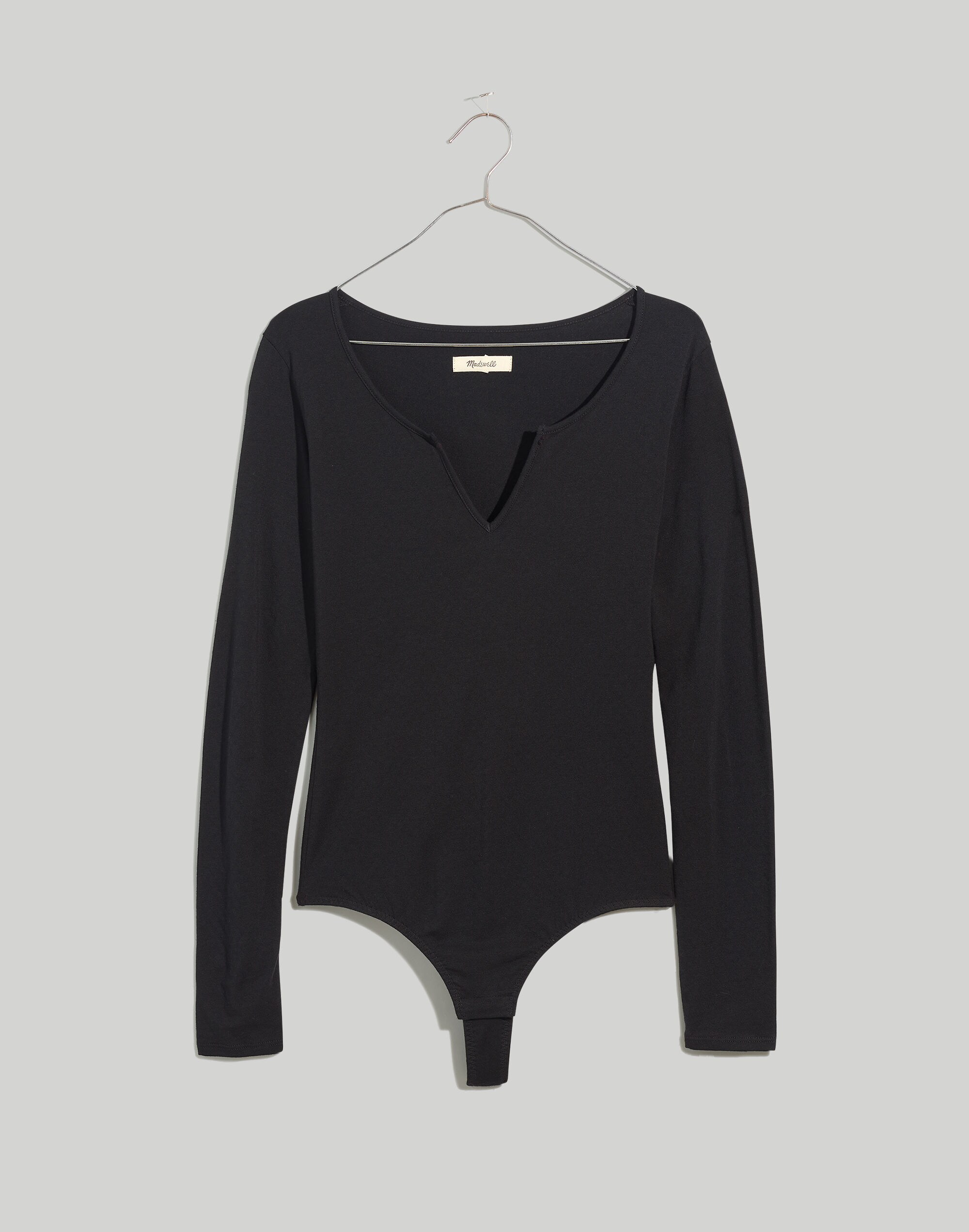 Pointelle Split-Neck Long-Sleeve Thong Bodysuit