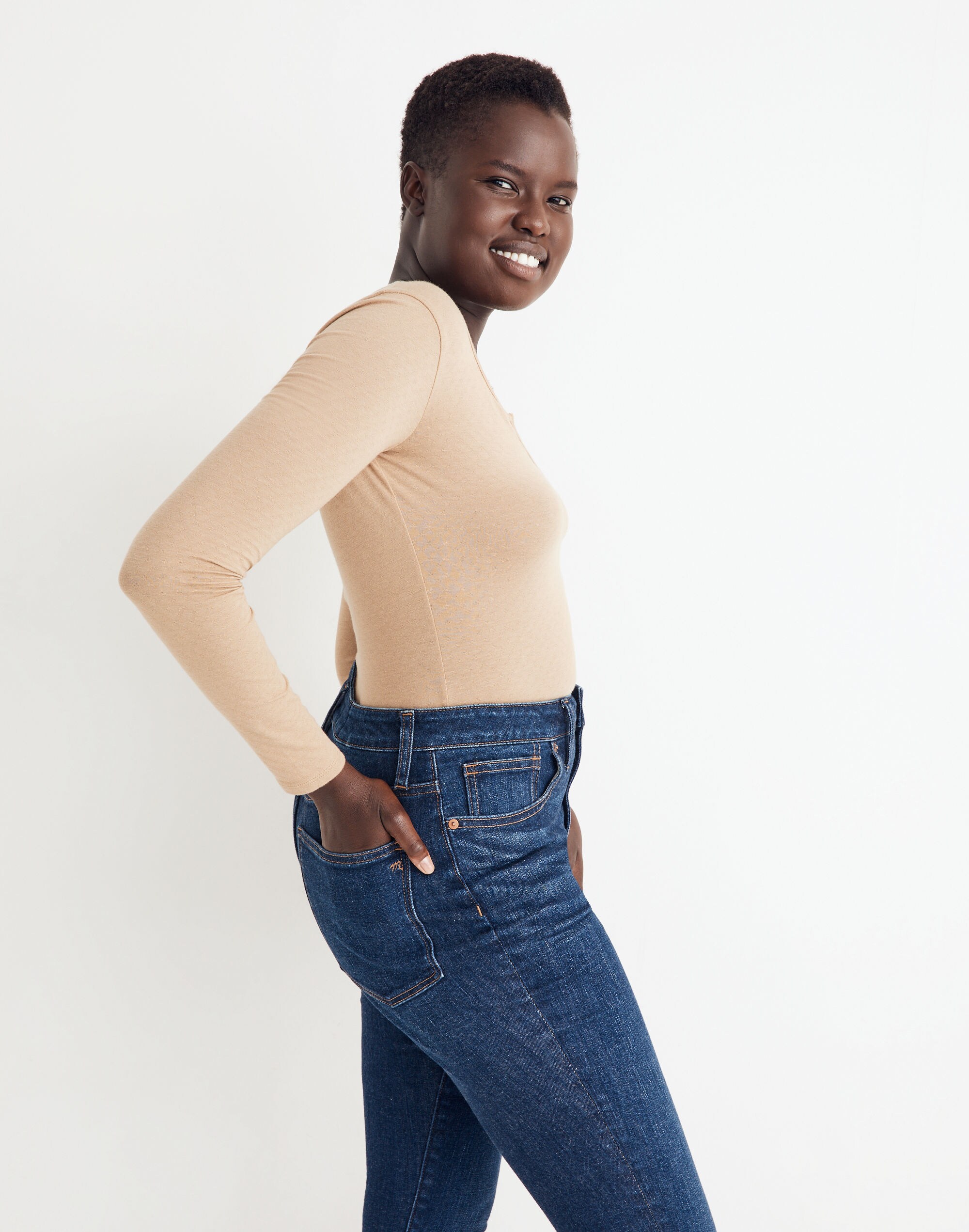 Pointelle Split-Neck Long-Sleeve Thong Bodysuit