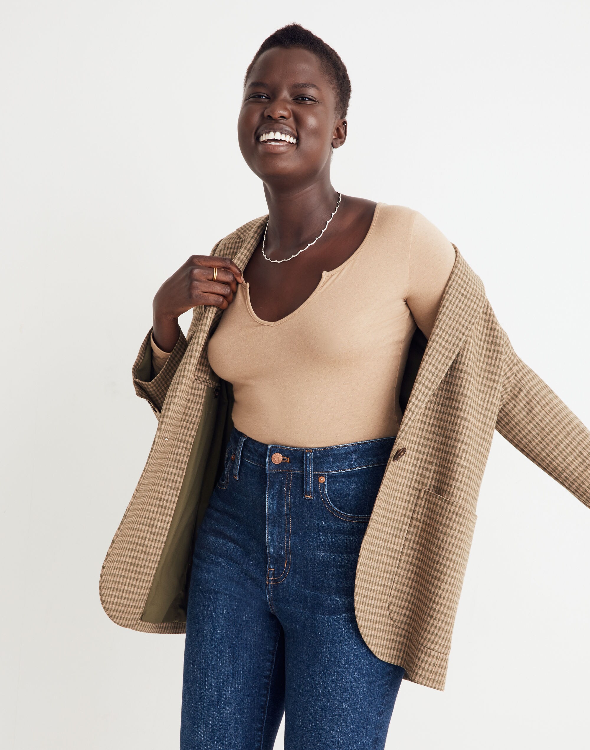 Pointelle Split-Neck Long-Sleeve Thong Bodysuit