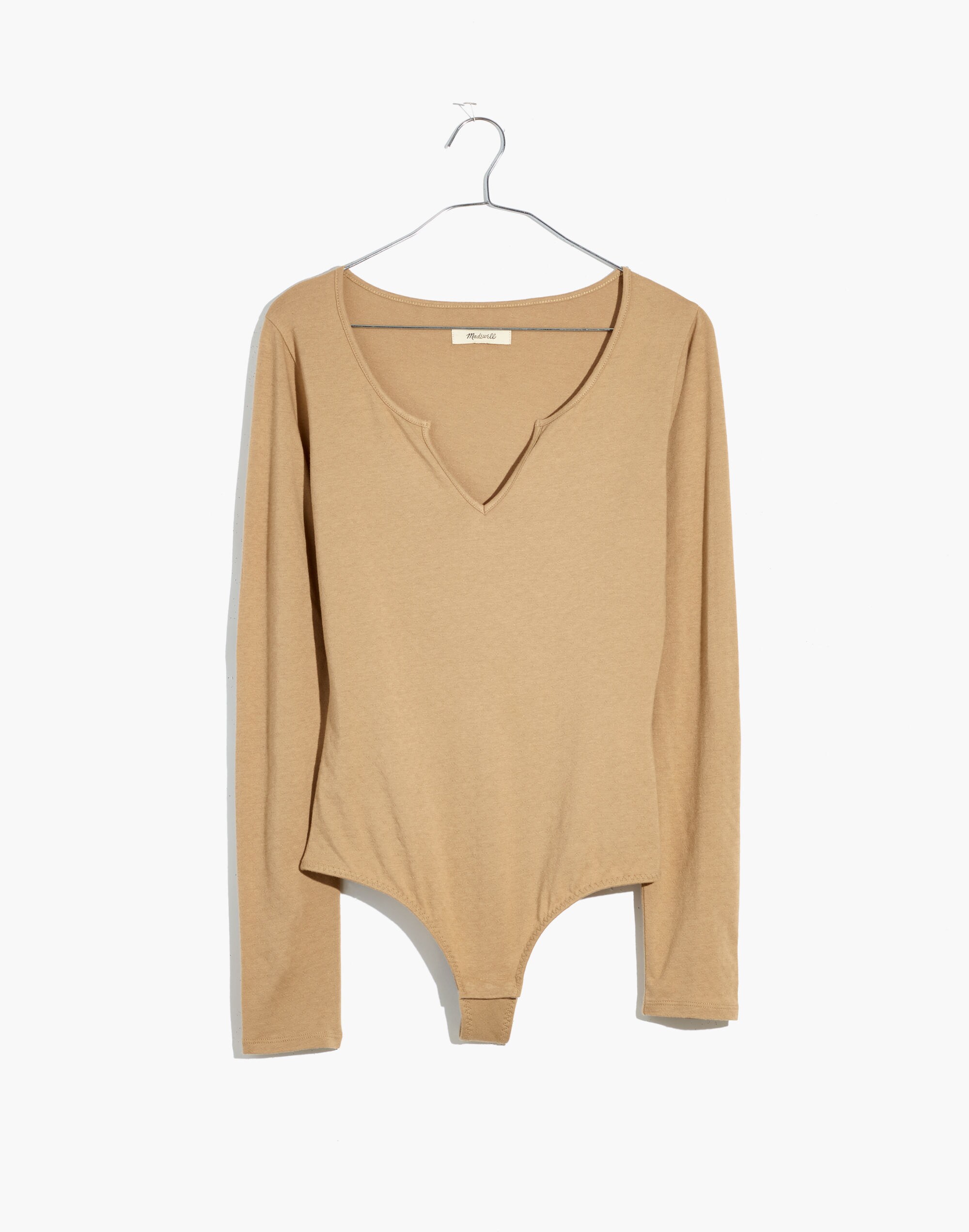 Pointelle Split-Neck Long-Sleeve Thong Bodysuit