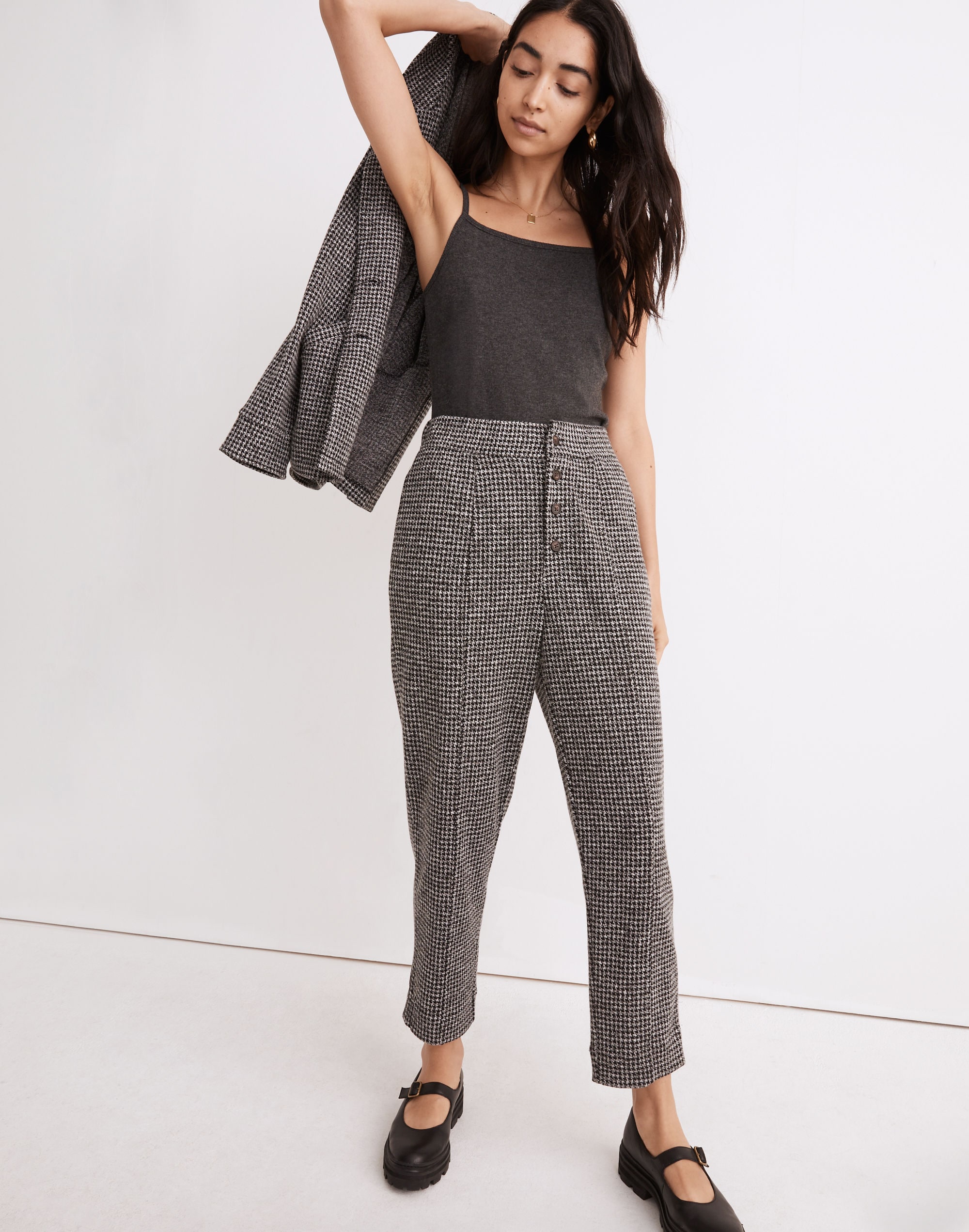 Knit Huston Button-Front Pants in Houndstooth Check
