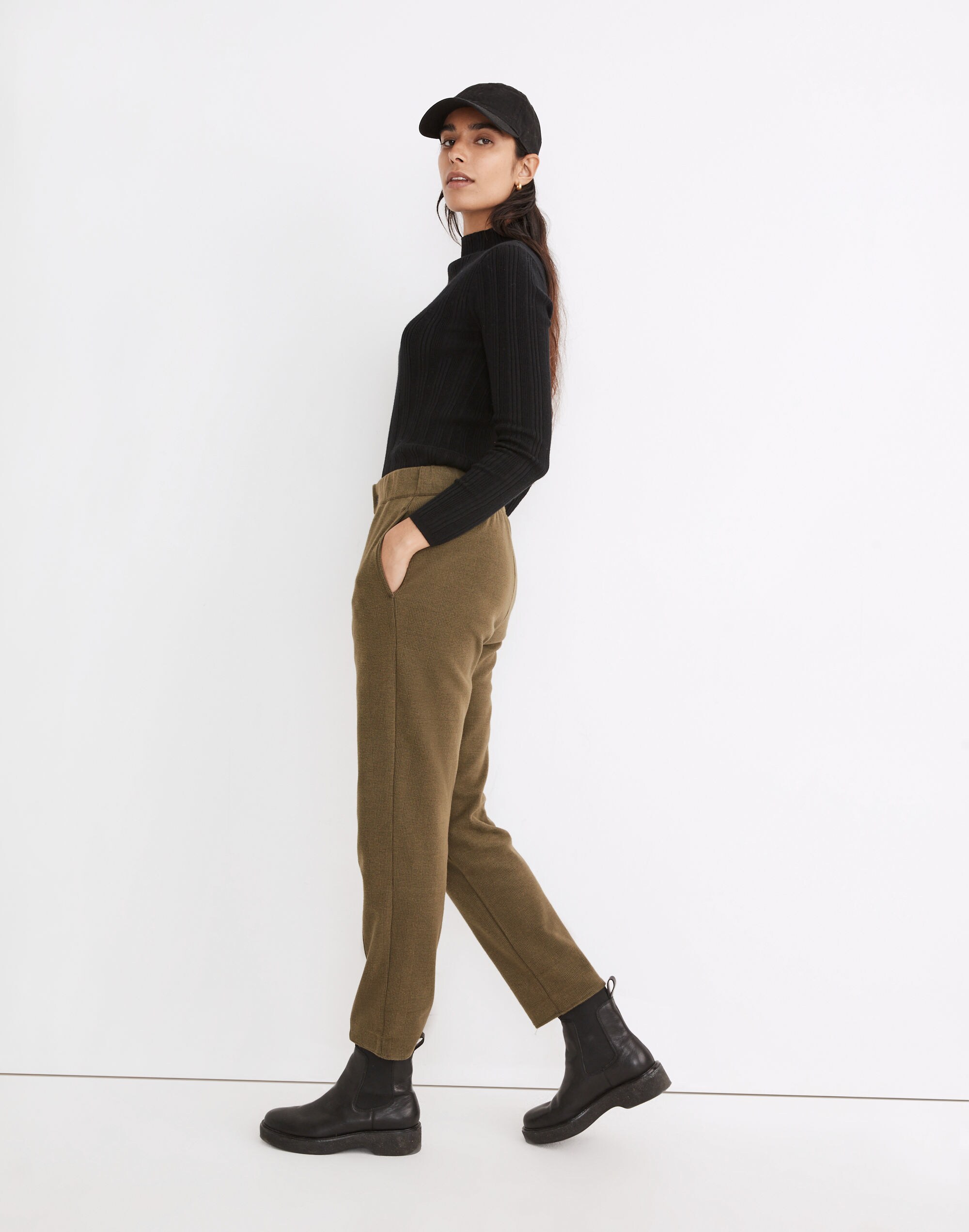 Knit Huston Button-Front Pants in Glen Plaid