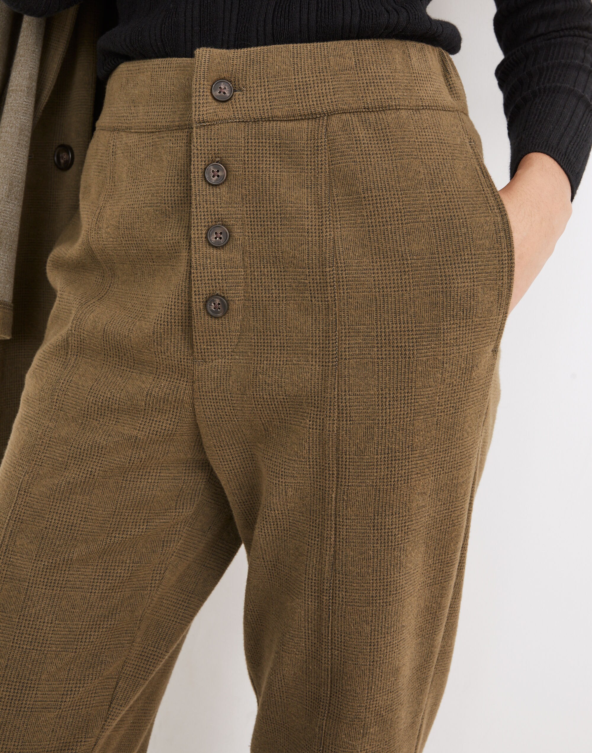 Knit Huston Button-Front Pants in Glen Plaid