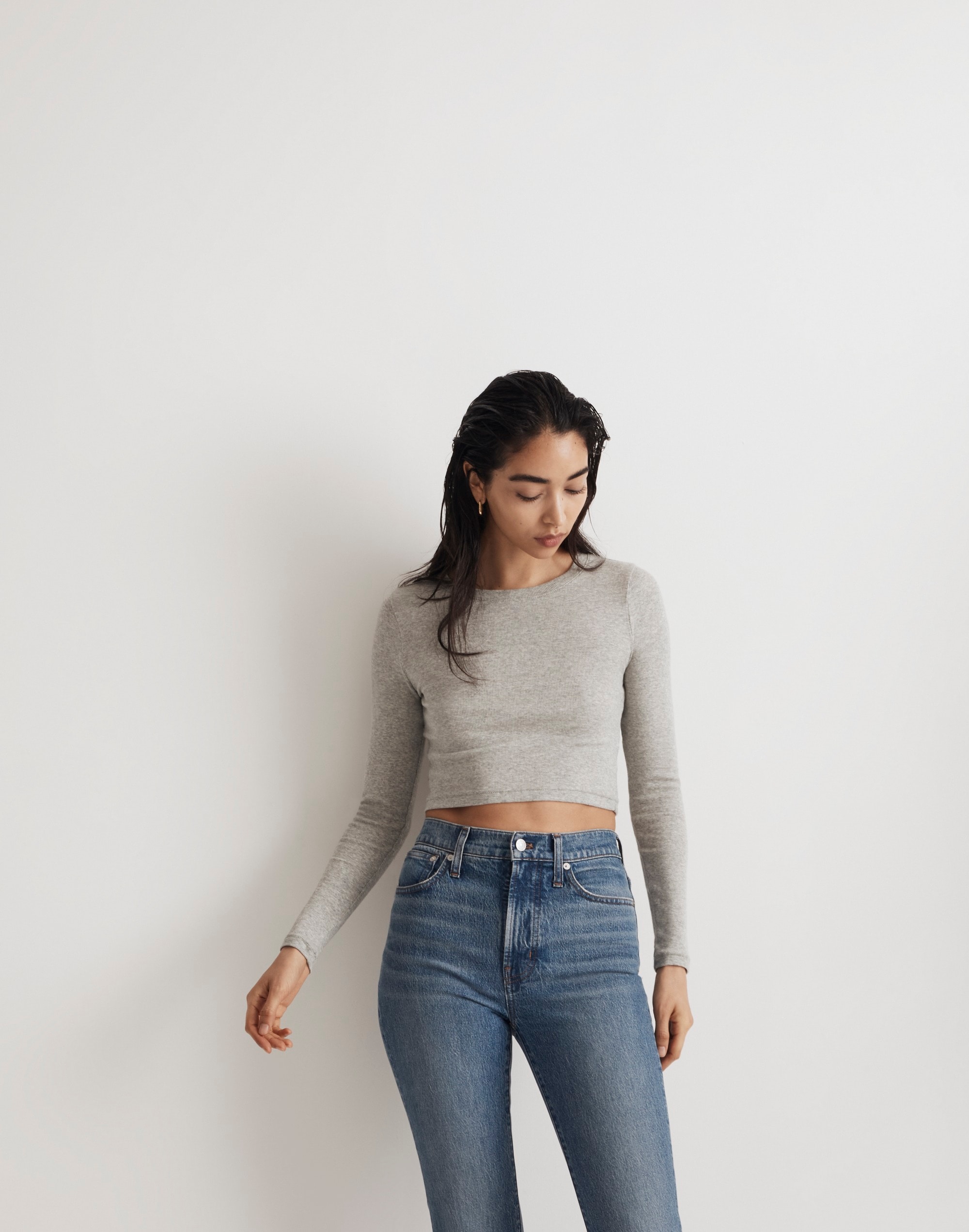 Fine Ribbed Supercrop Crewneck Long-Sleeve Tee