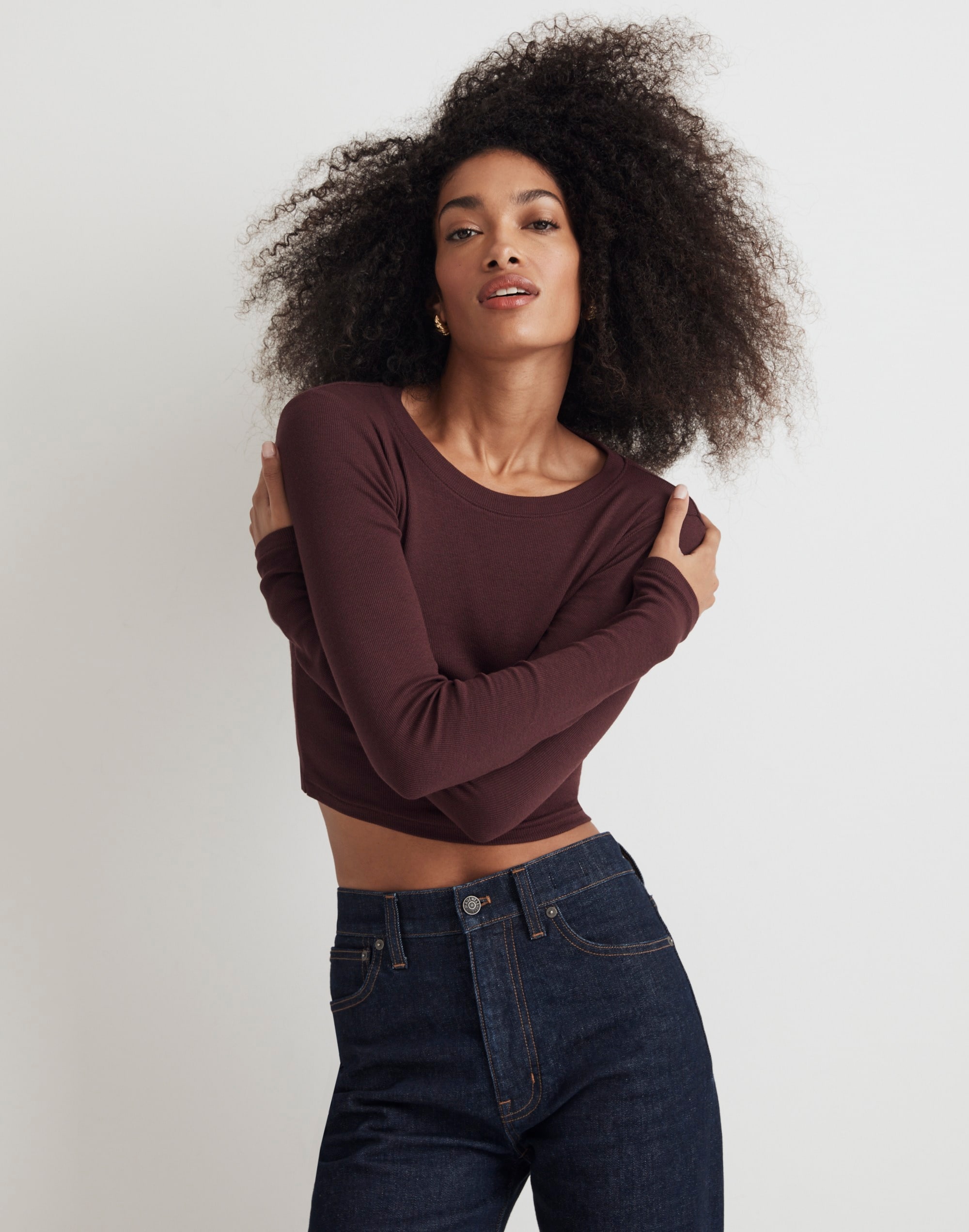 Fine Ribbed Supercrop Crewneck Long-Sleeve Tee