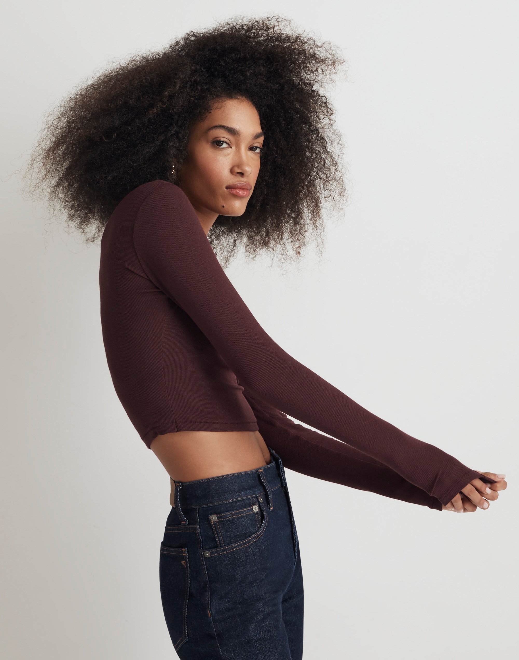 Fine Ribbed Supercrop Crewneck Long-Sleeve Tee