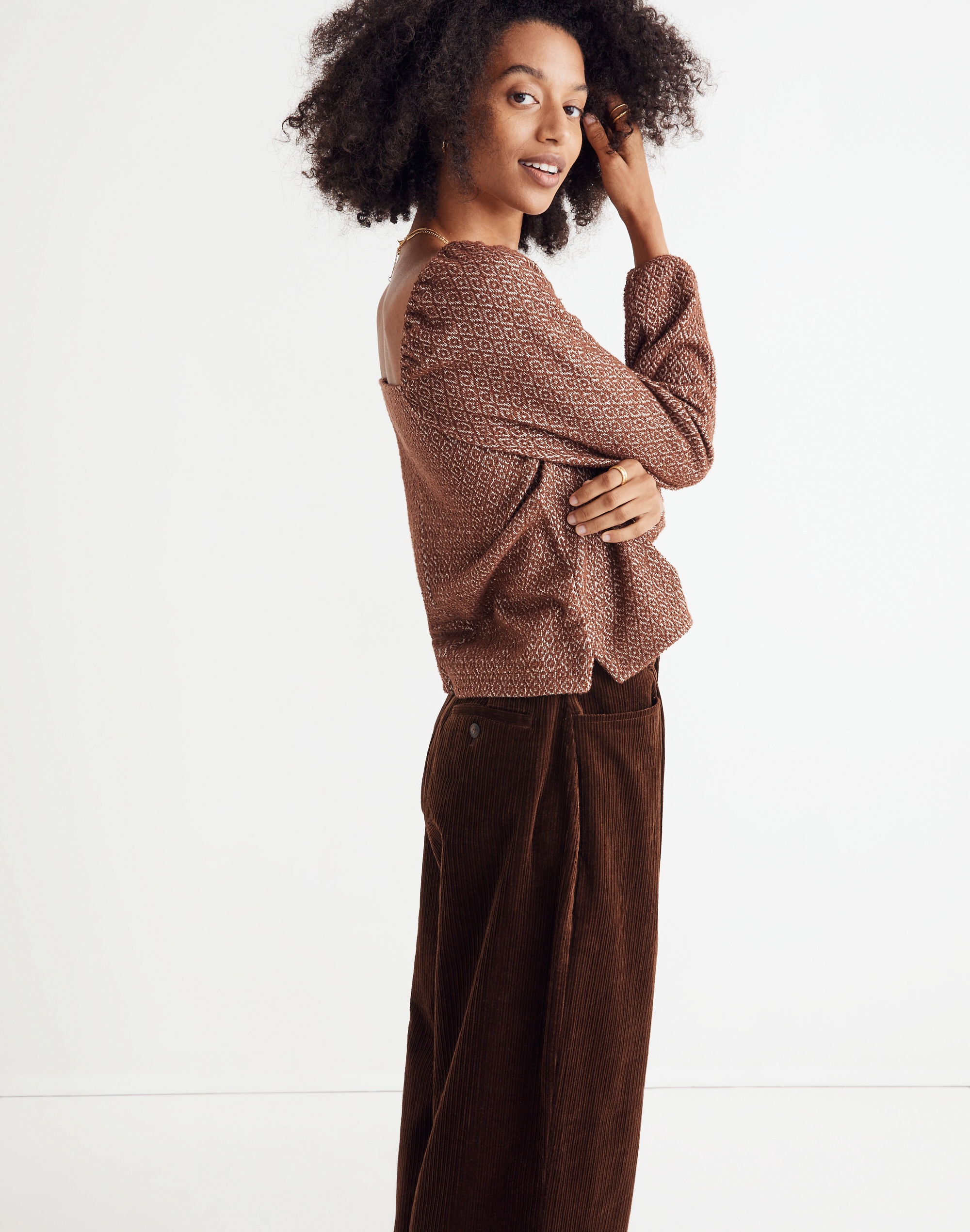 Jacquard Puff-Sleeve Crop Top