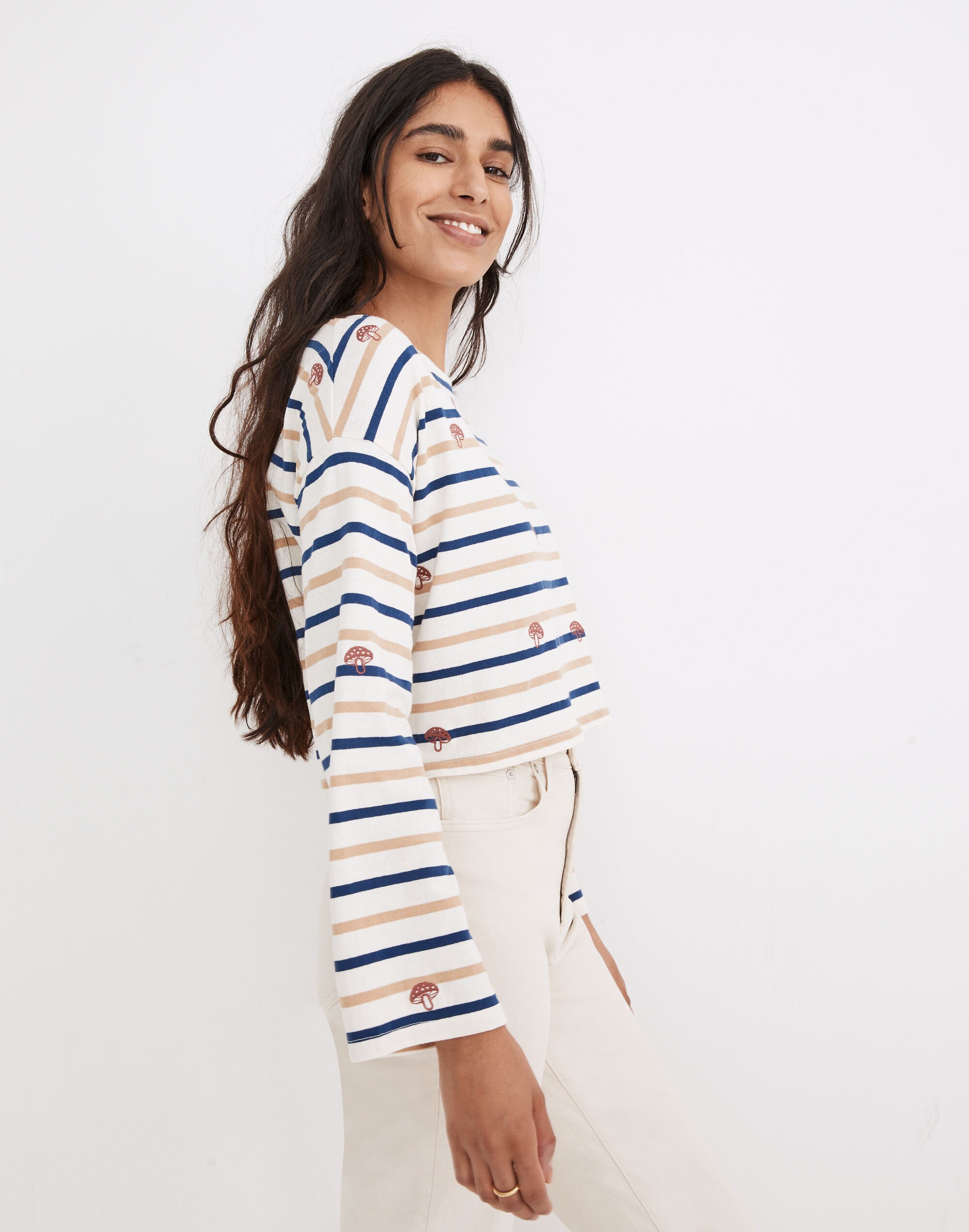 Mushroom Embroidered Organic Cotton Supercrop Long-Sleeve Tee in Stripe