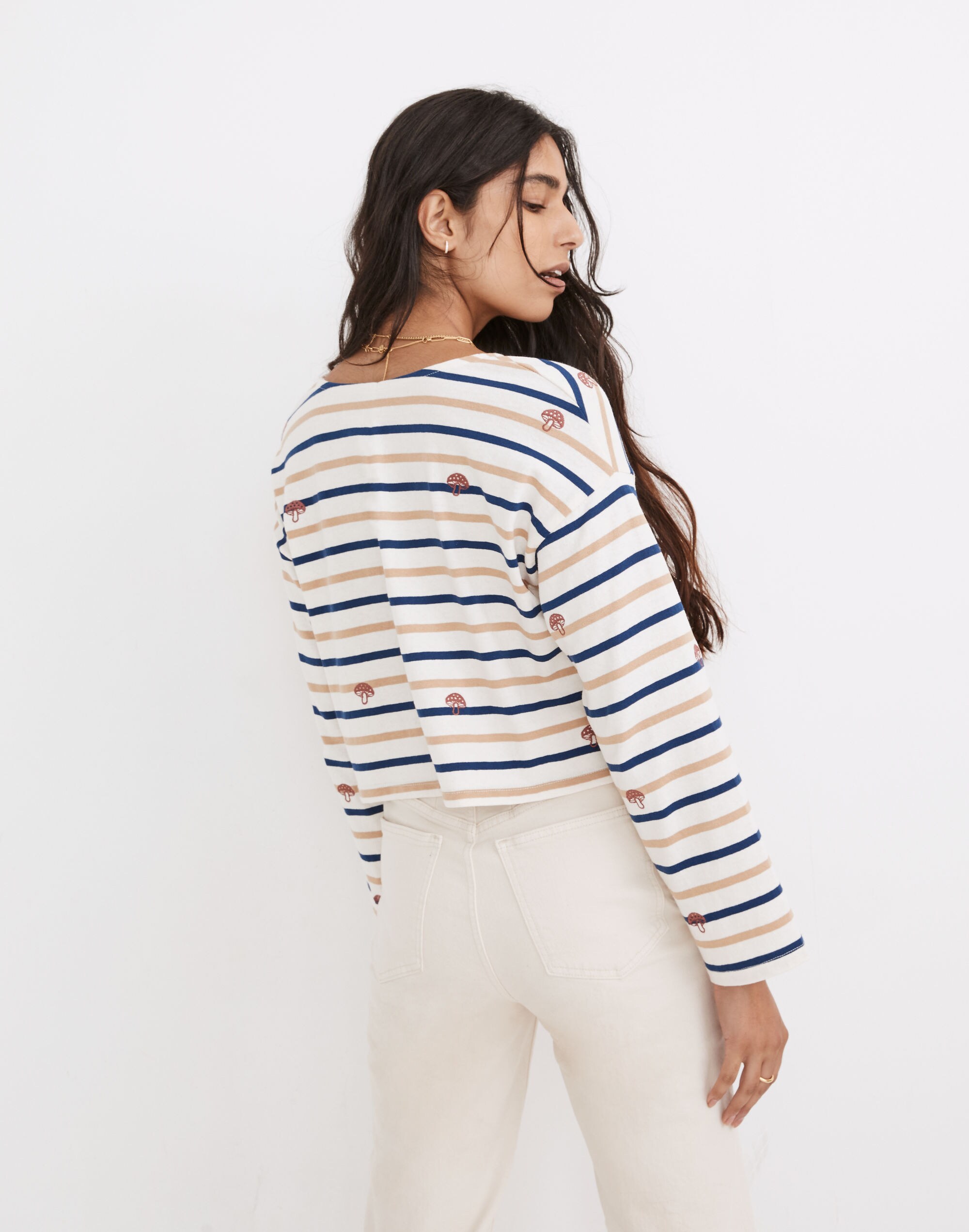Mushroom Embroidered Organic Cotton Supercrop Long-Sleeve Tee in Stripe