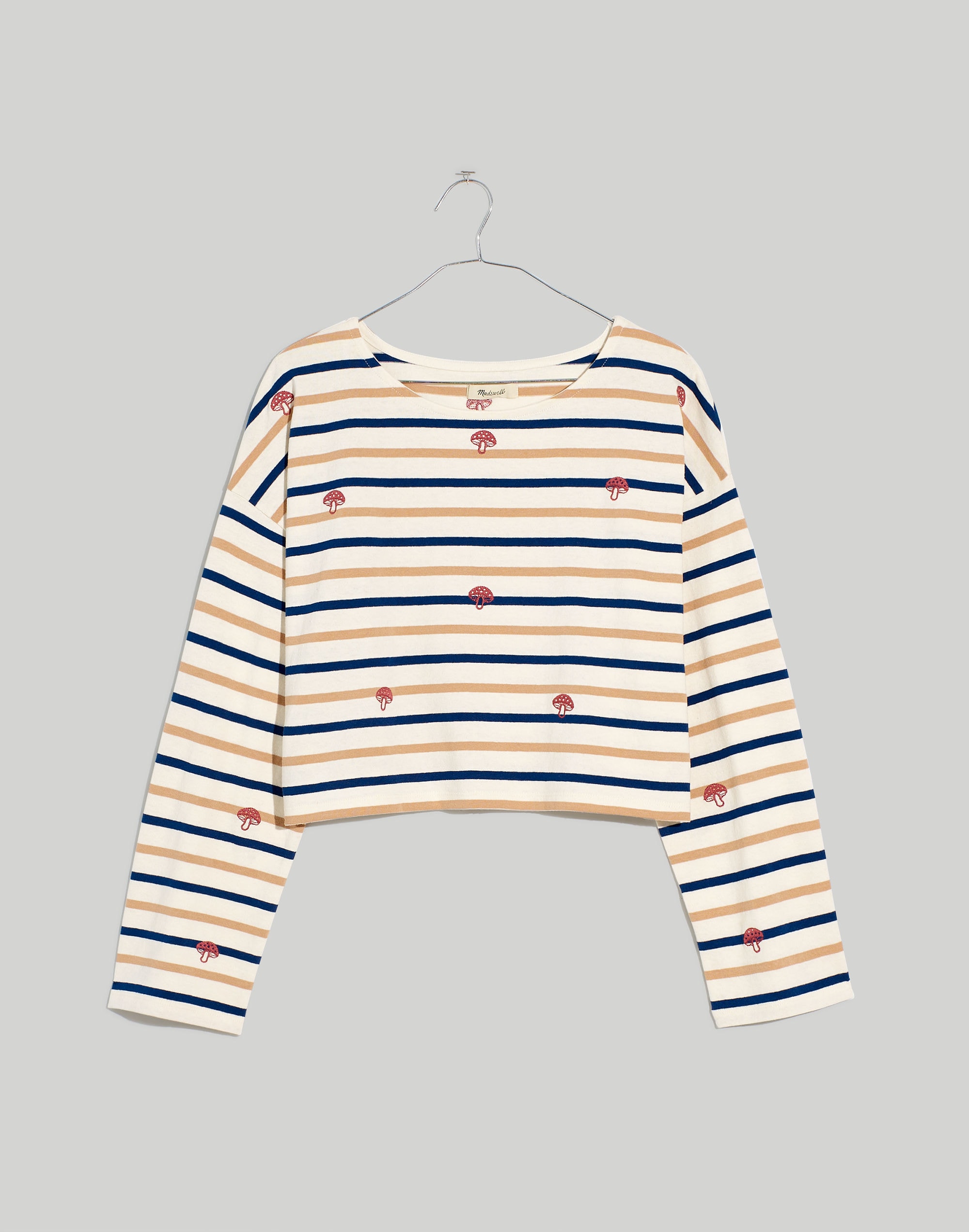 Mushroom Embroidered Organic Cotton Supercrop Long-Sleeve Tee in Stripe
