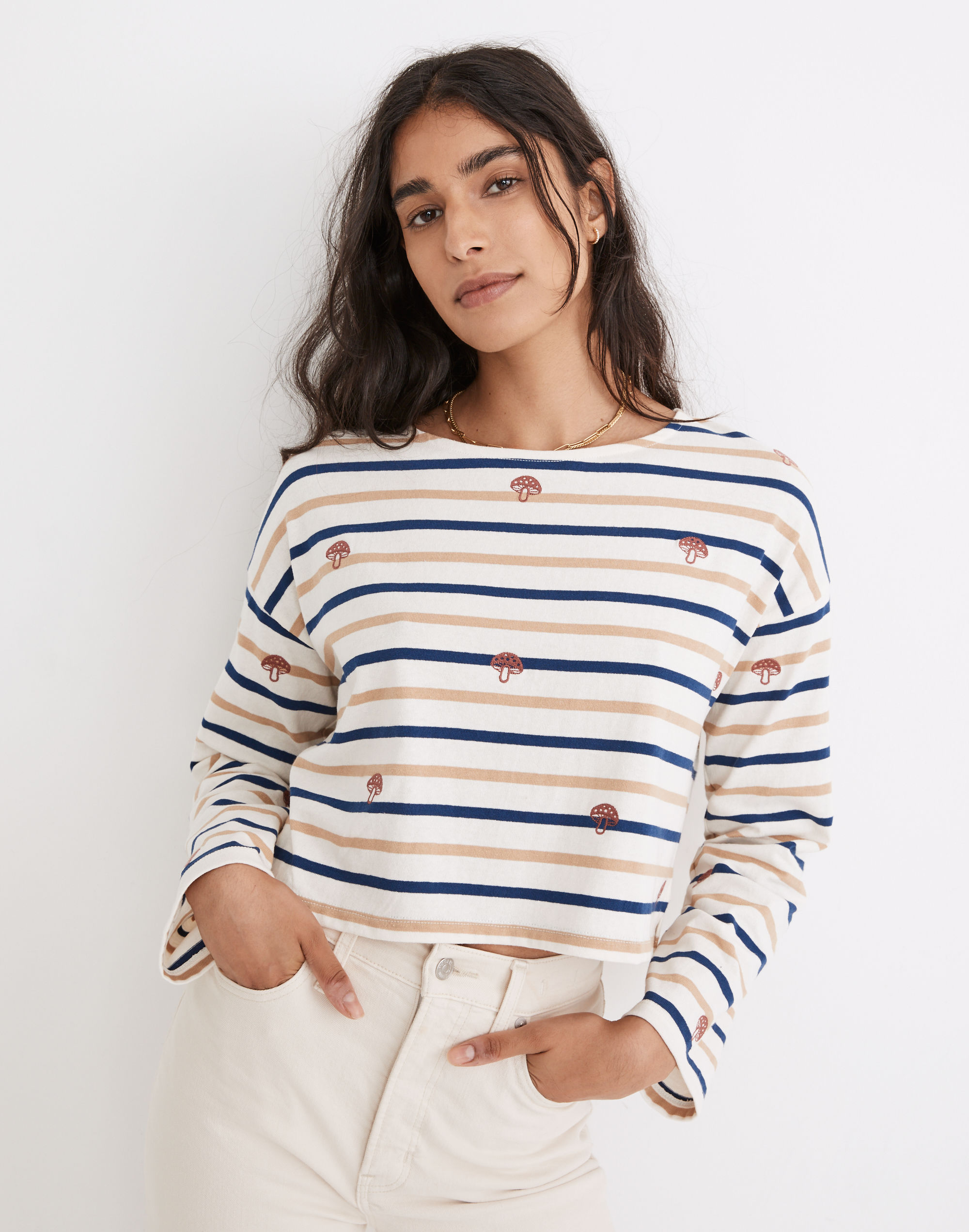 Mushroom Embroidered Organic Cotton Supercrop Long-Sleeve Tee in Stripe