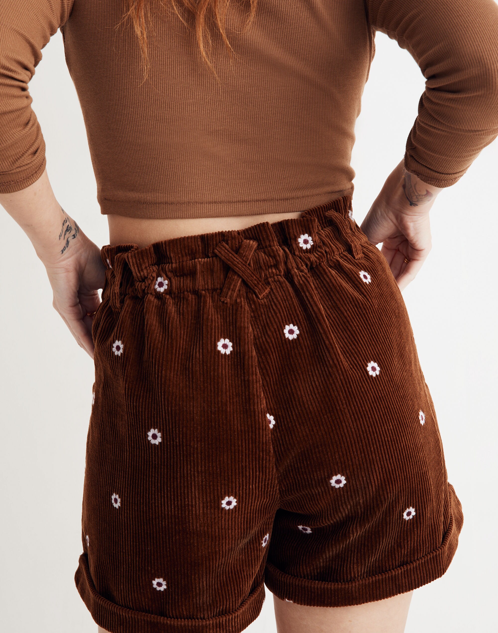 Daisy Embroidered Corduroy Pull-On Paperbag Shorts