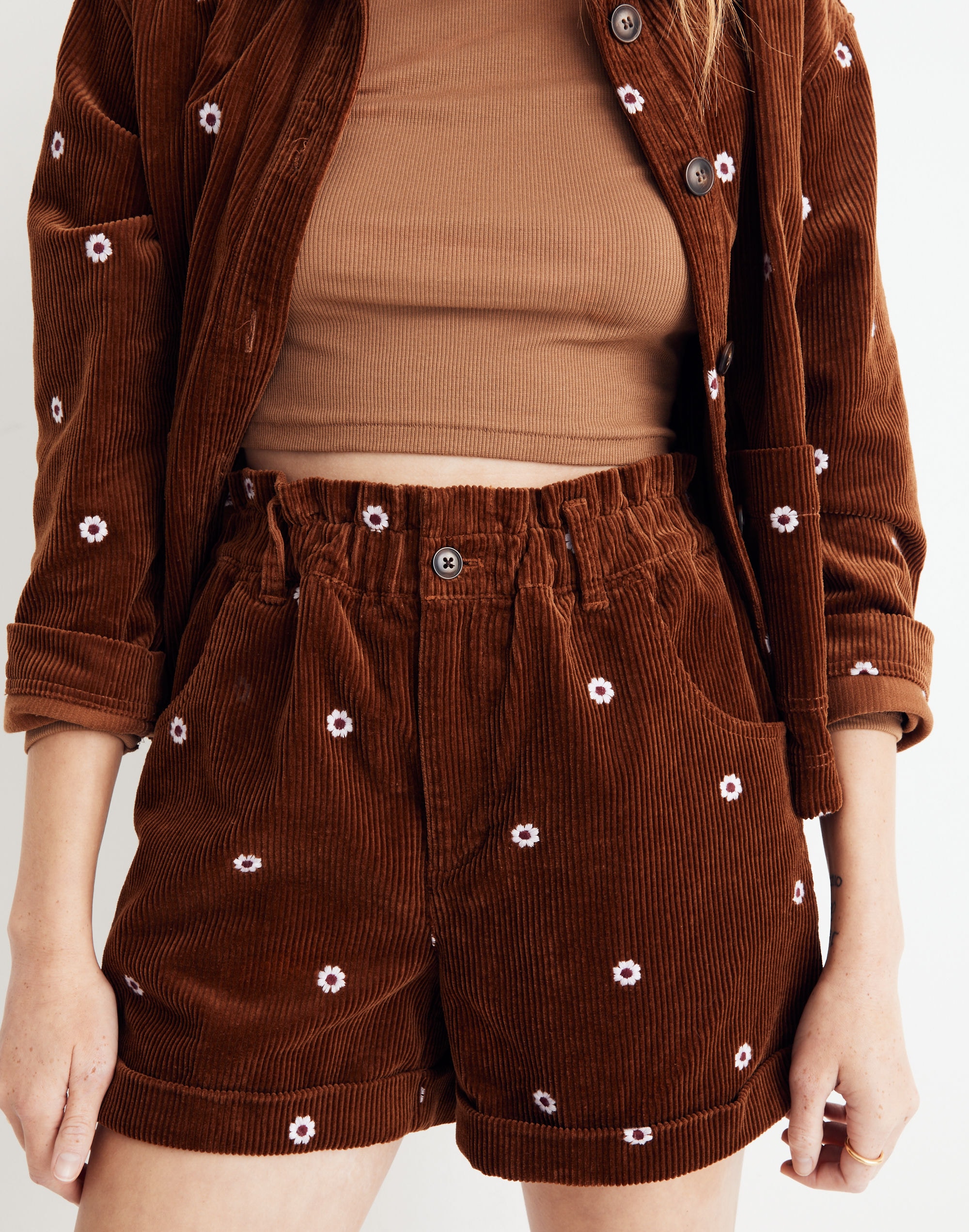 Daisy Embroidered Corduroy Pull-On Paperbag Shorts