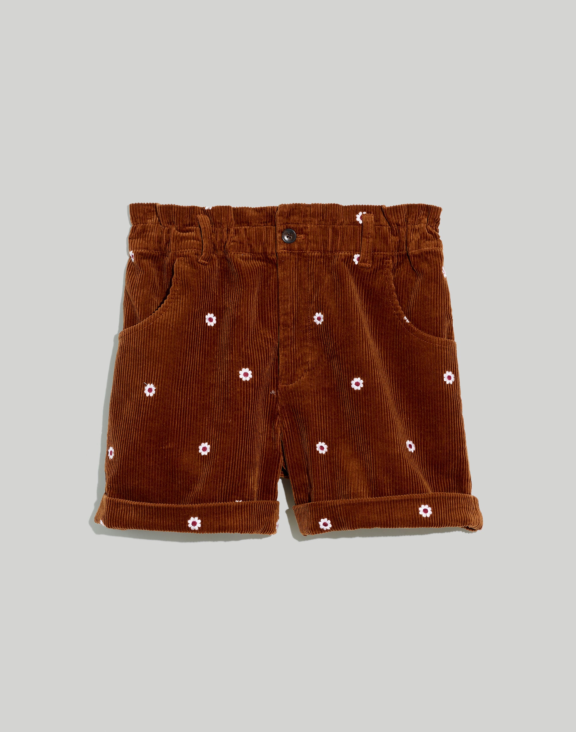 Daisy Embroidered Corduroy Pull-On Paperbag Shorts