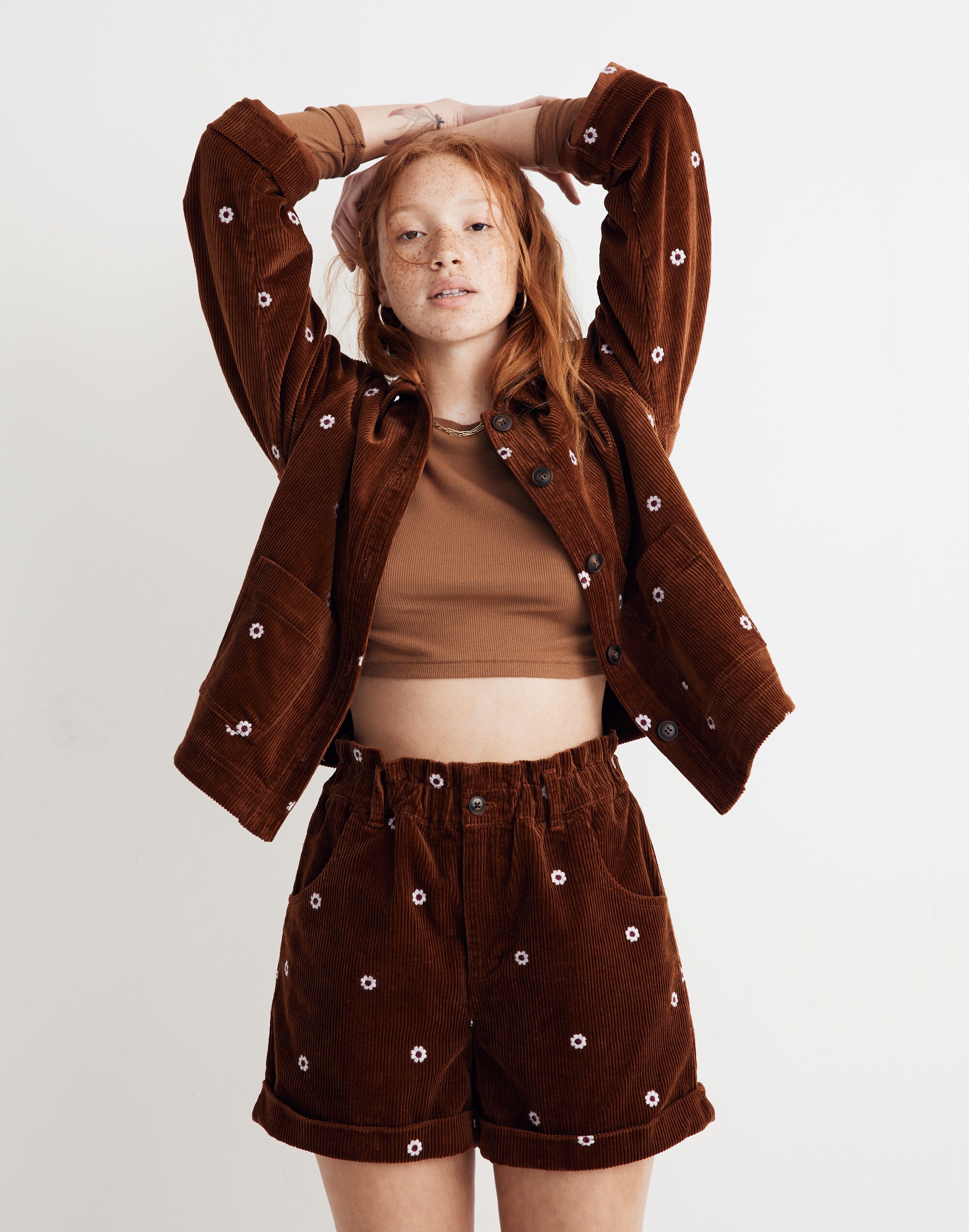 Daisy Embroidered Corduroy Pull-On Paperbag Shorts