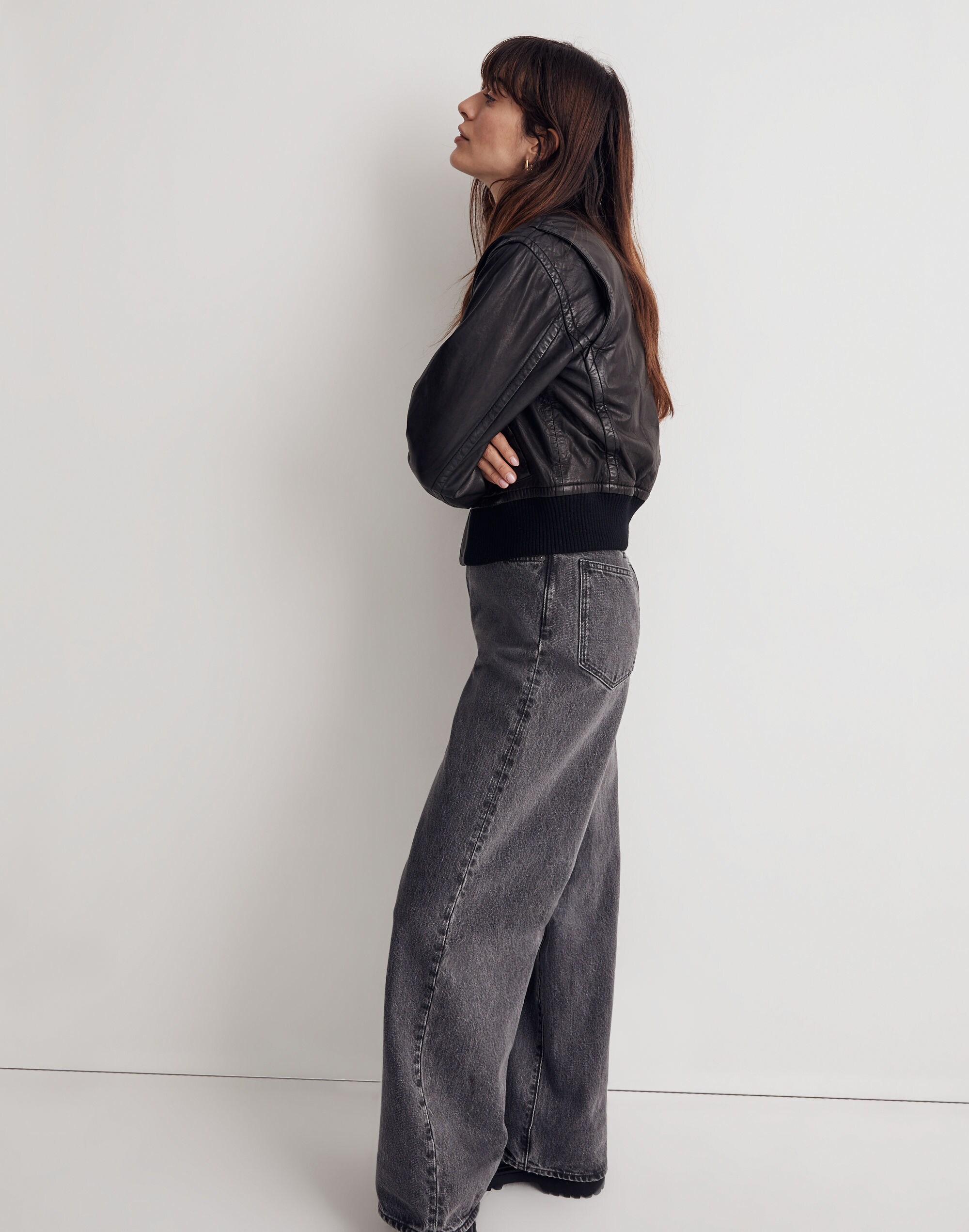 Washed Leather Crop Bomber Jacket in true black image 2