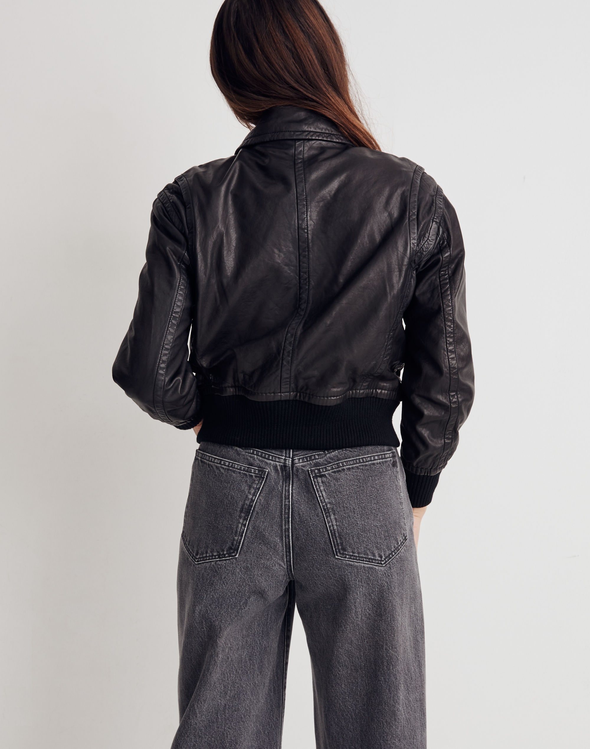 Washed Leather Crop Bomber Jacket