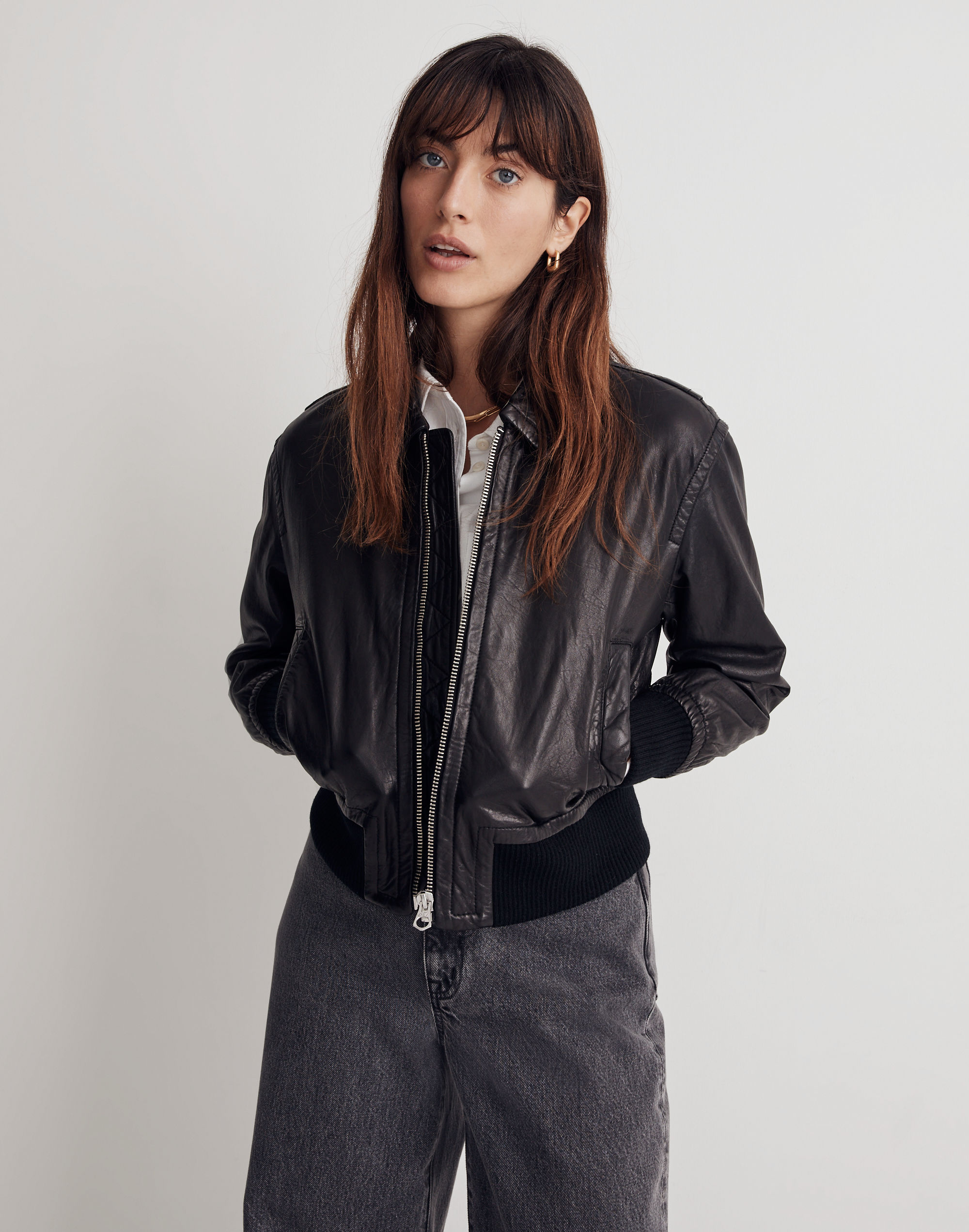 washed leather crop bomber jacket
